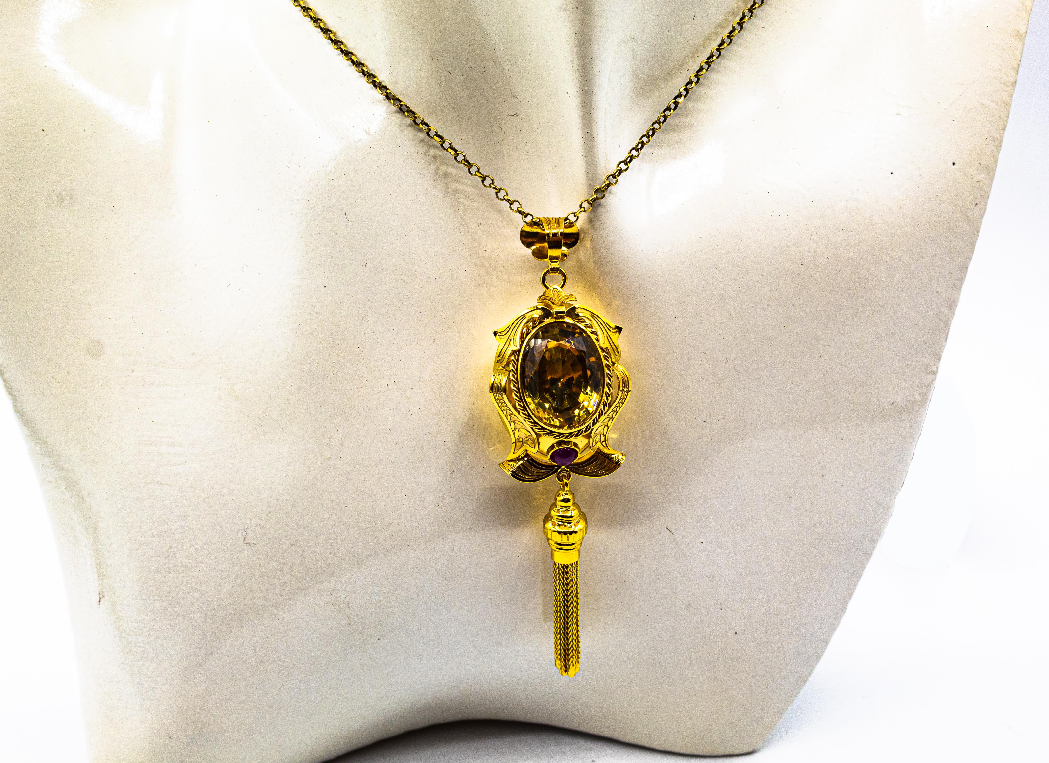 Art Deco Style Handcrafted Ruby Citrine Yellow Gold Pendant Necklace For Sale 1