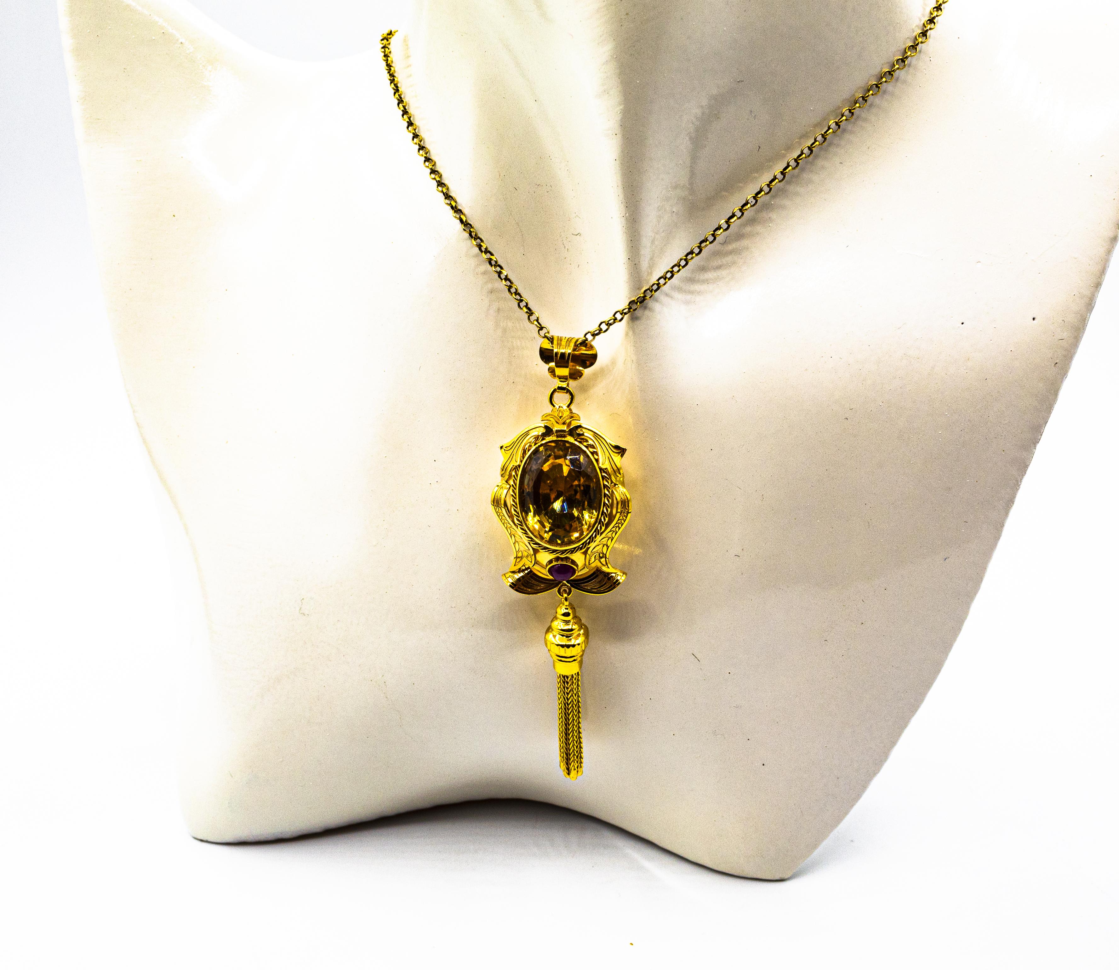 Art Deco Style Handcrafted Ruby Citrine Yellow Gold Pendant Necklace For Sale 2