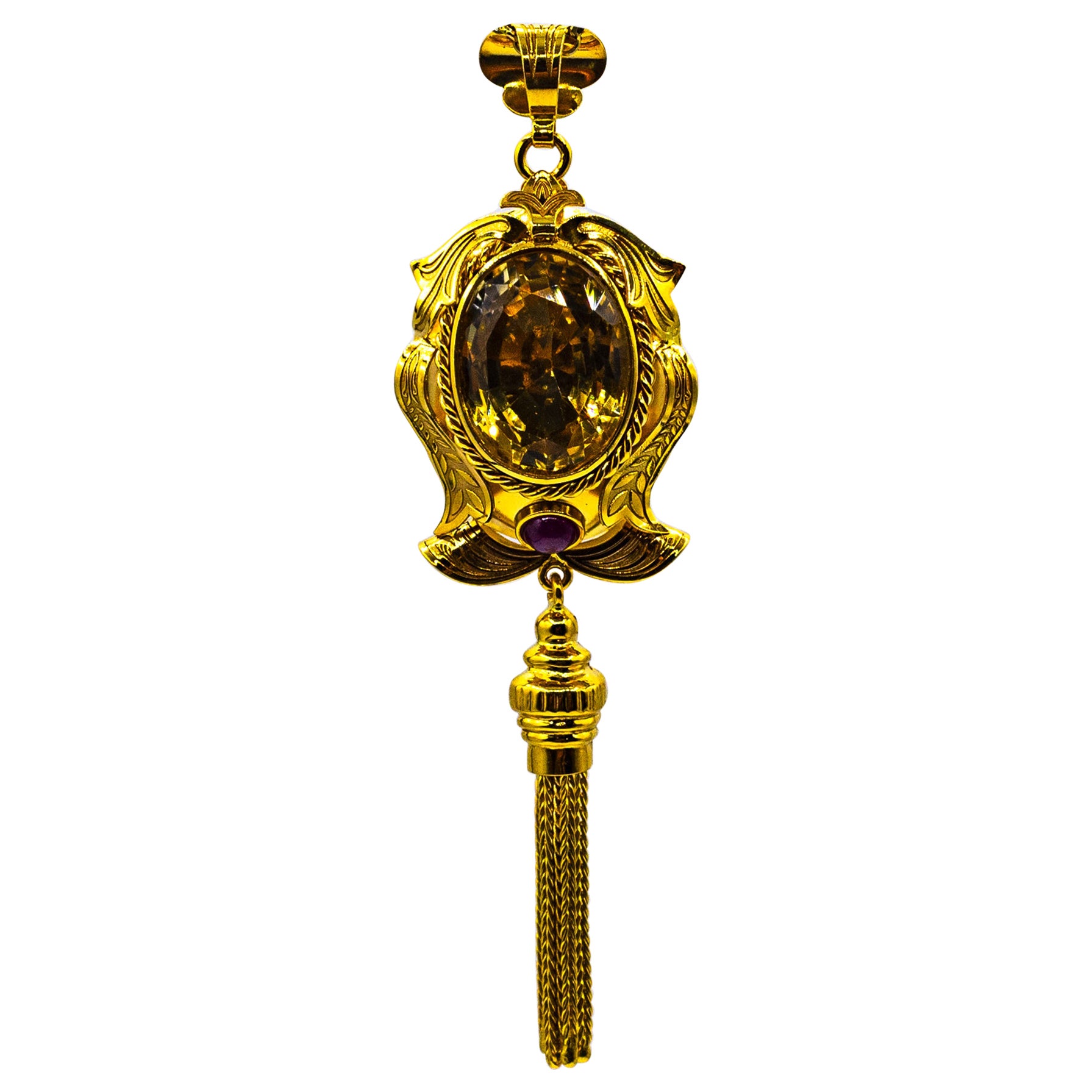Art Deco Style Handcrafted Ruby Citrine Yellow Gold Pendant Necklace For Sale