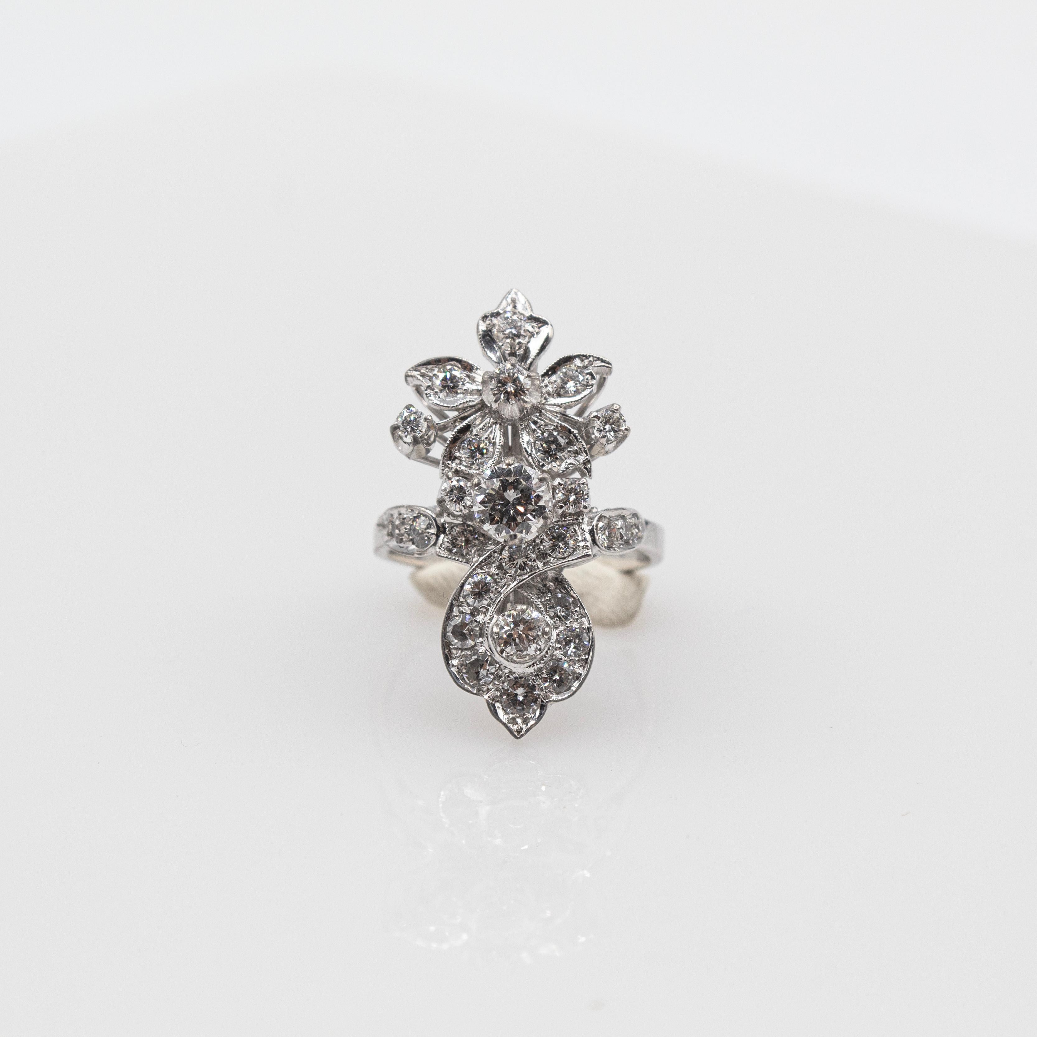 Art Deco Style Handcrafted White Brilliant Cut Diamond White Gold Cocktail Ring 6