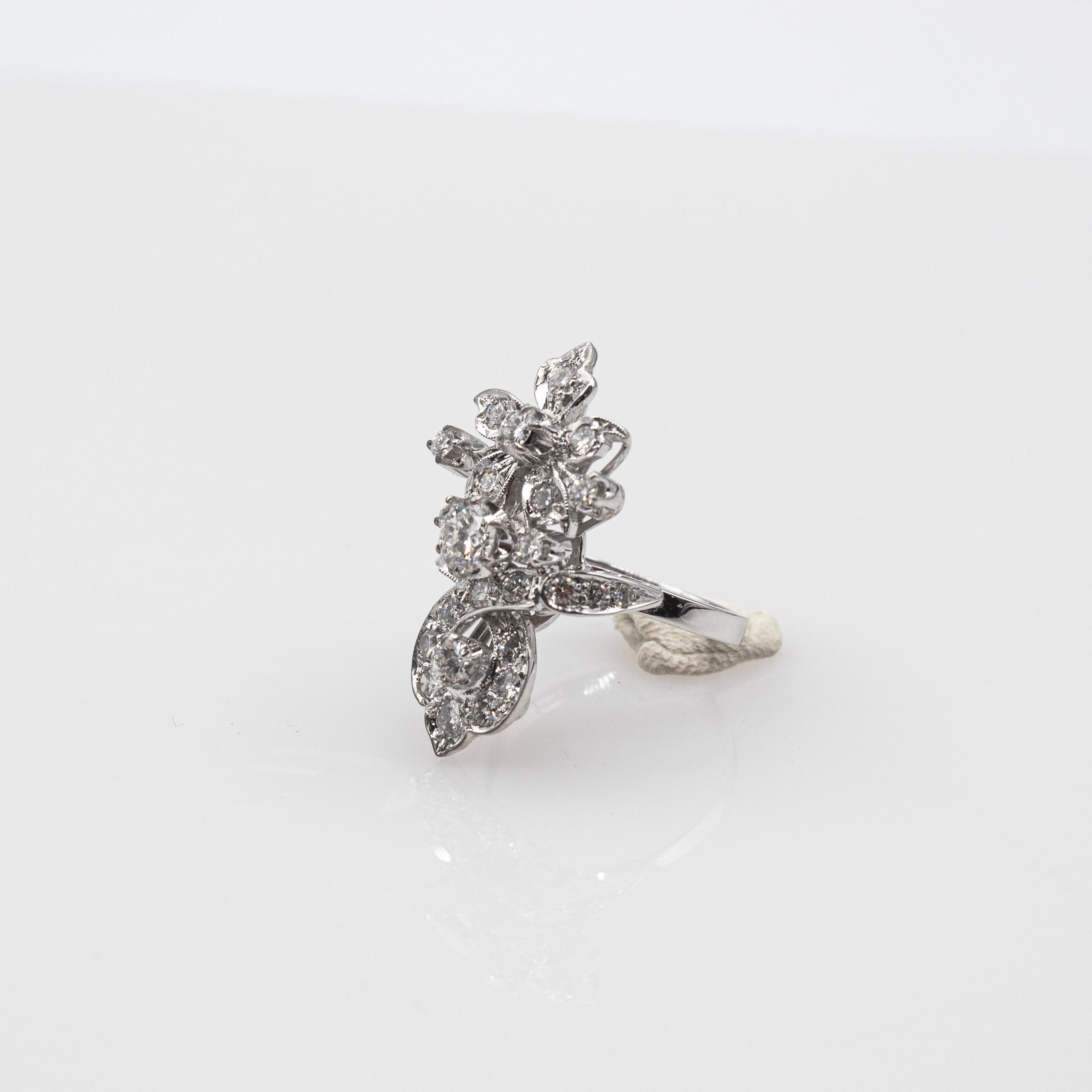 Art Deco Style Handcrafted White Brilliant Cut Diamond White Gold Cocktail Ring 7