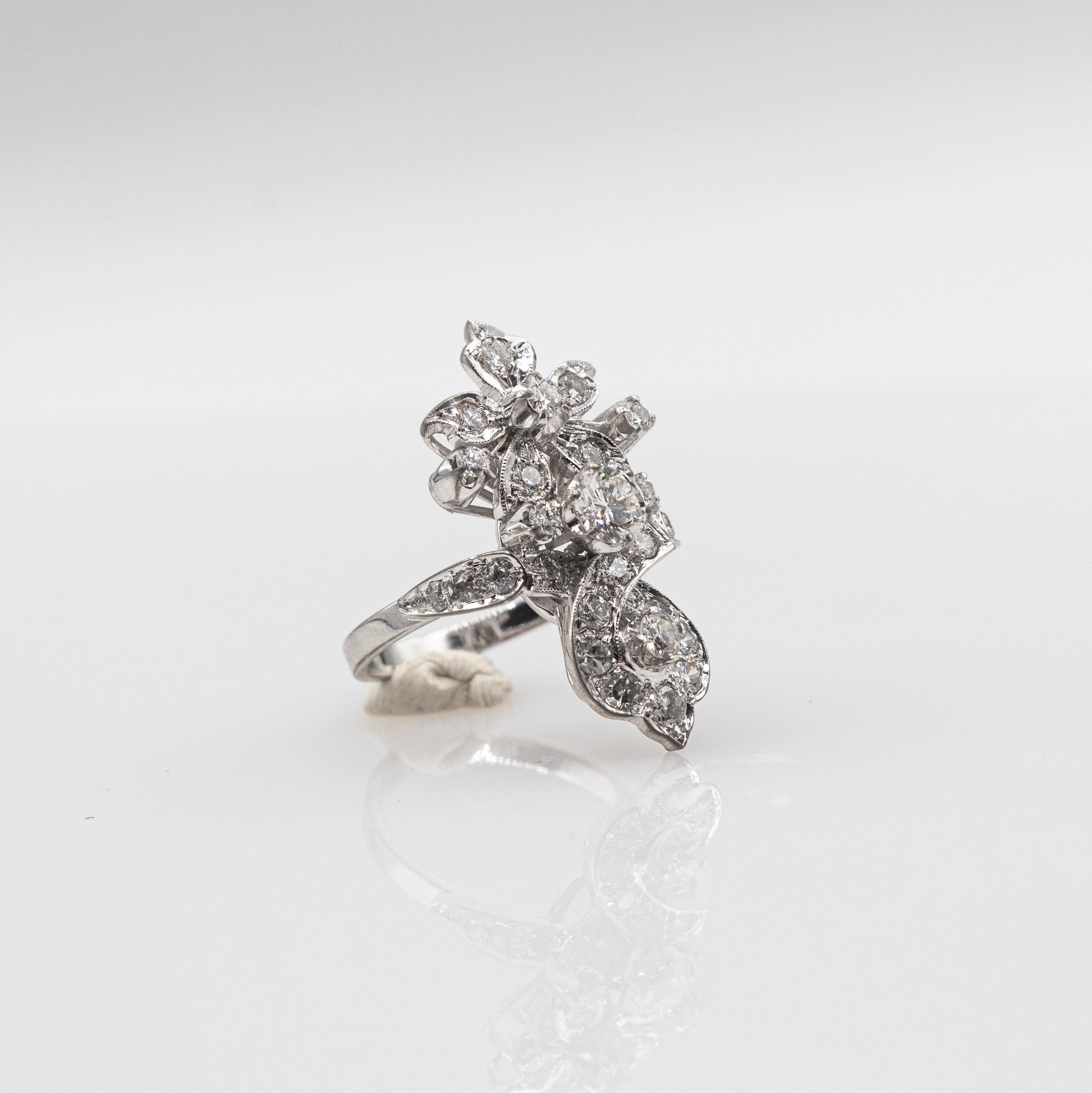 Art Deco Style Handcrafted White Brilliant Cut Diamond White Gold Cocktail Ring 9