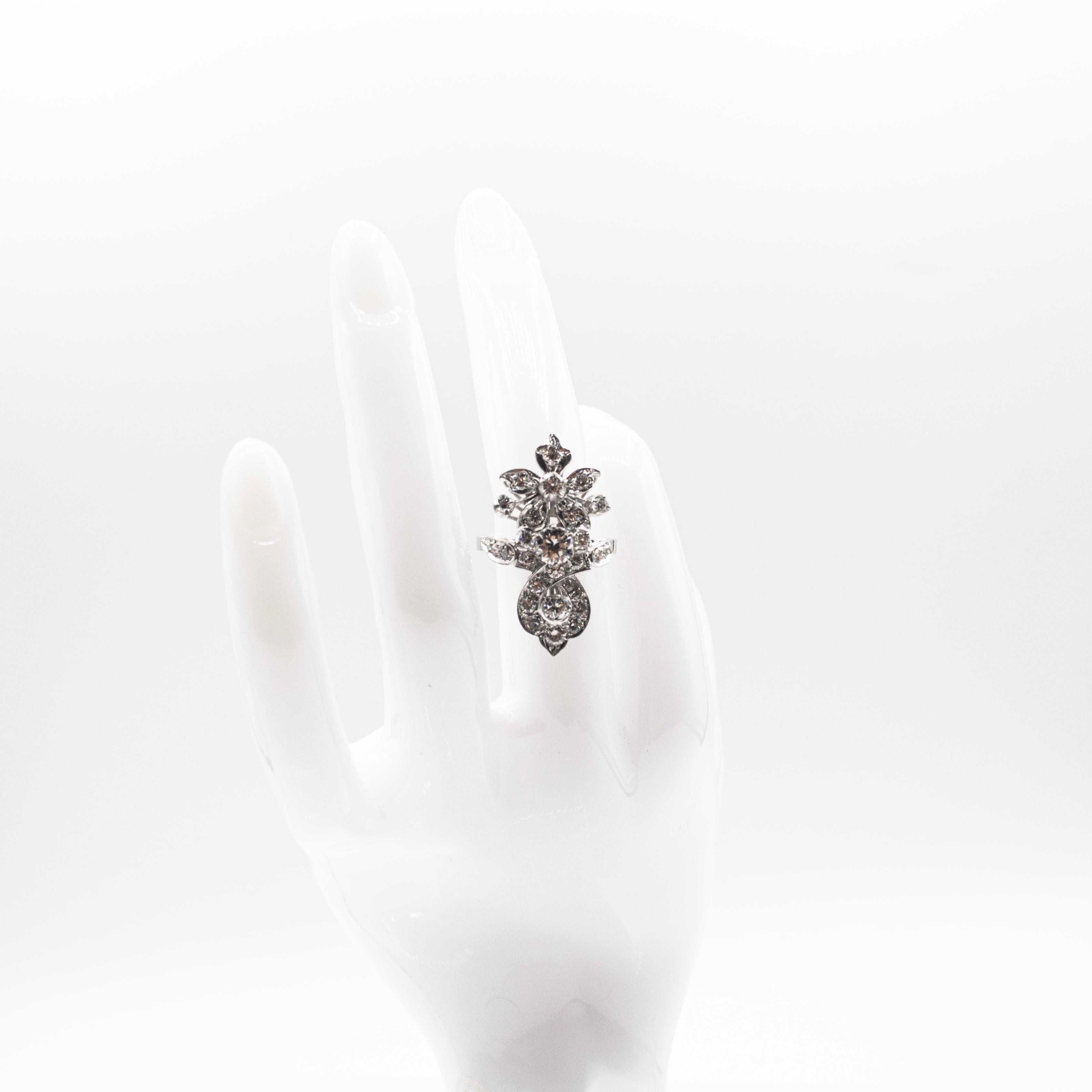 Art Deco Style Handcrafted White Brilliant Cut Diamond White Gold Cocktail Ring 10