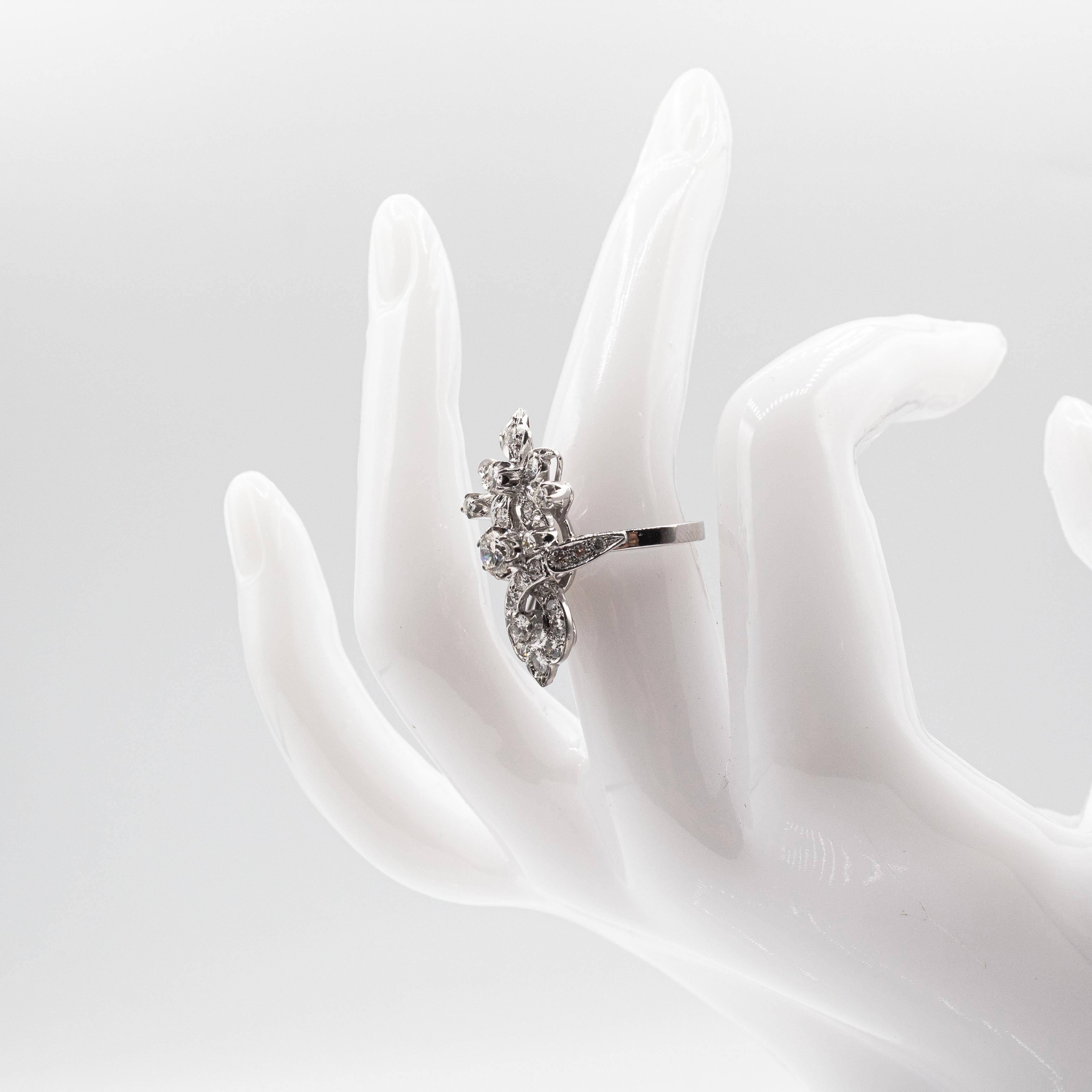 Art Deco Style Handcrafted White Brilliant Cut Diamond White Gold Cocktail Ring 11