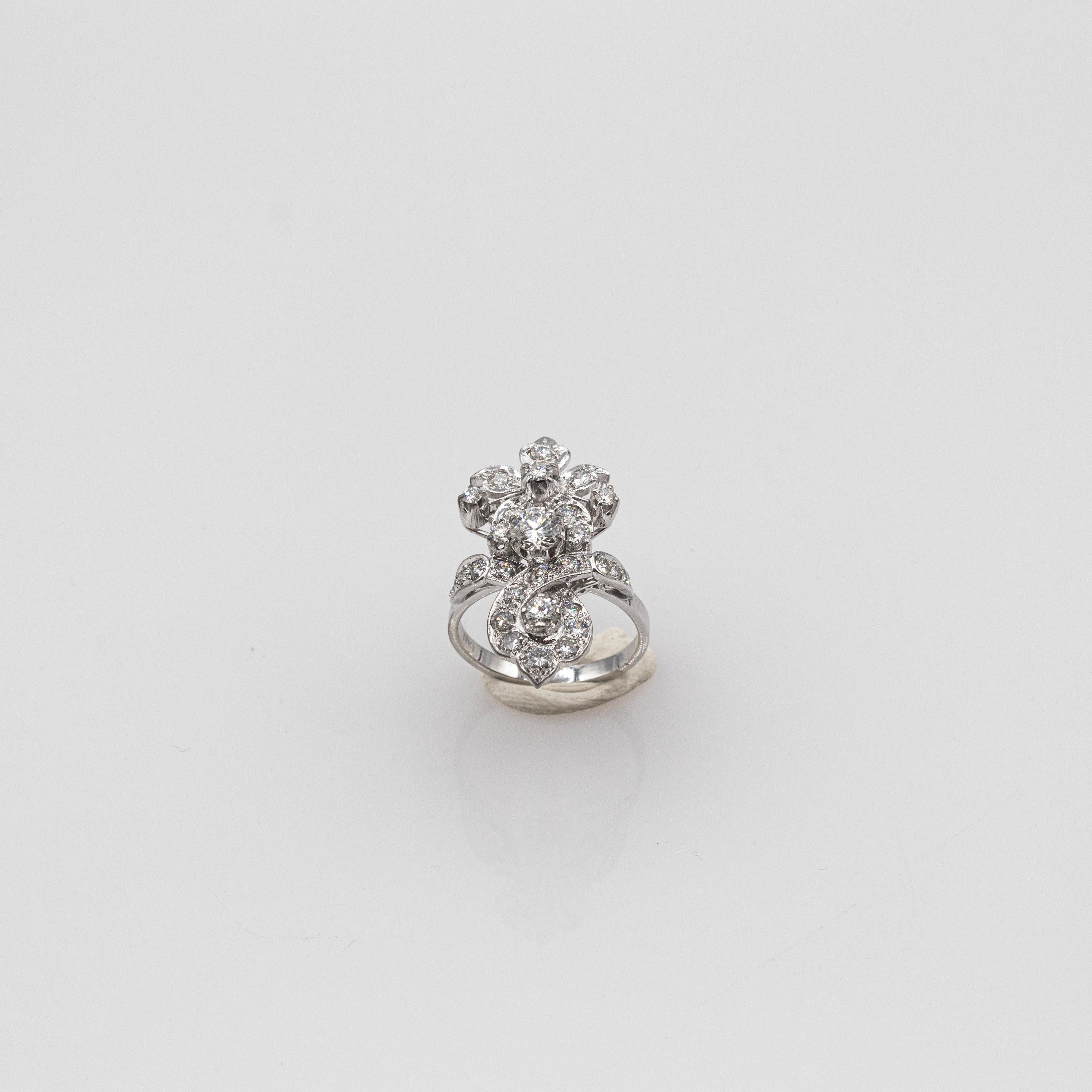 Art Deco Style Handcrafted White Brilliant Cut Diamond White Gold Cocktail Ring In New Condition In Naples, IT