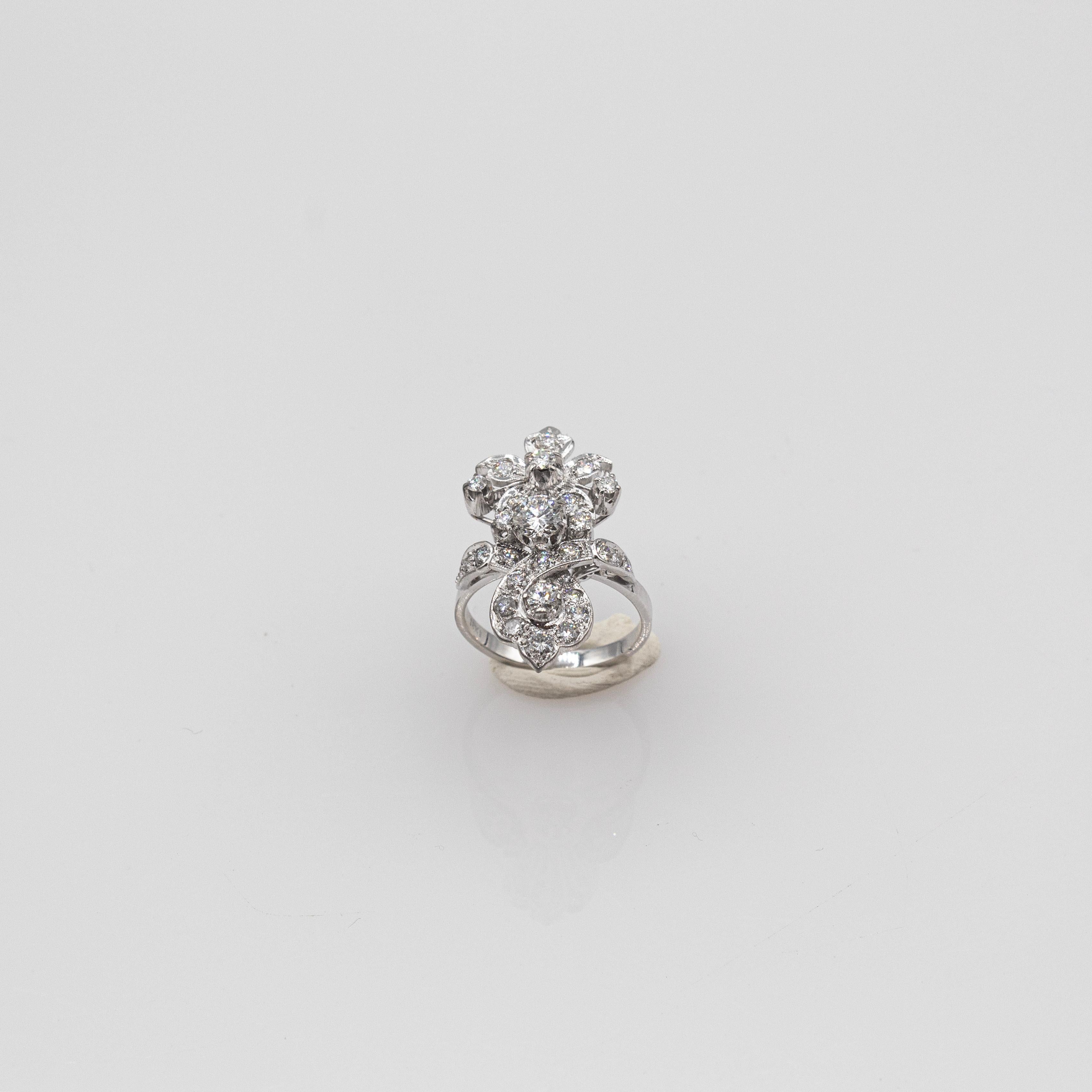 Women's or Men's Art Deco Style Handcrafted White Brilliant Cut Diamond White Gold Cocktail Ring