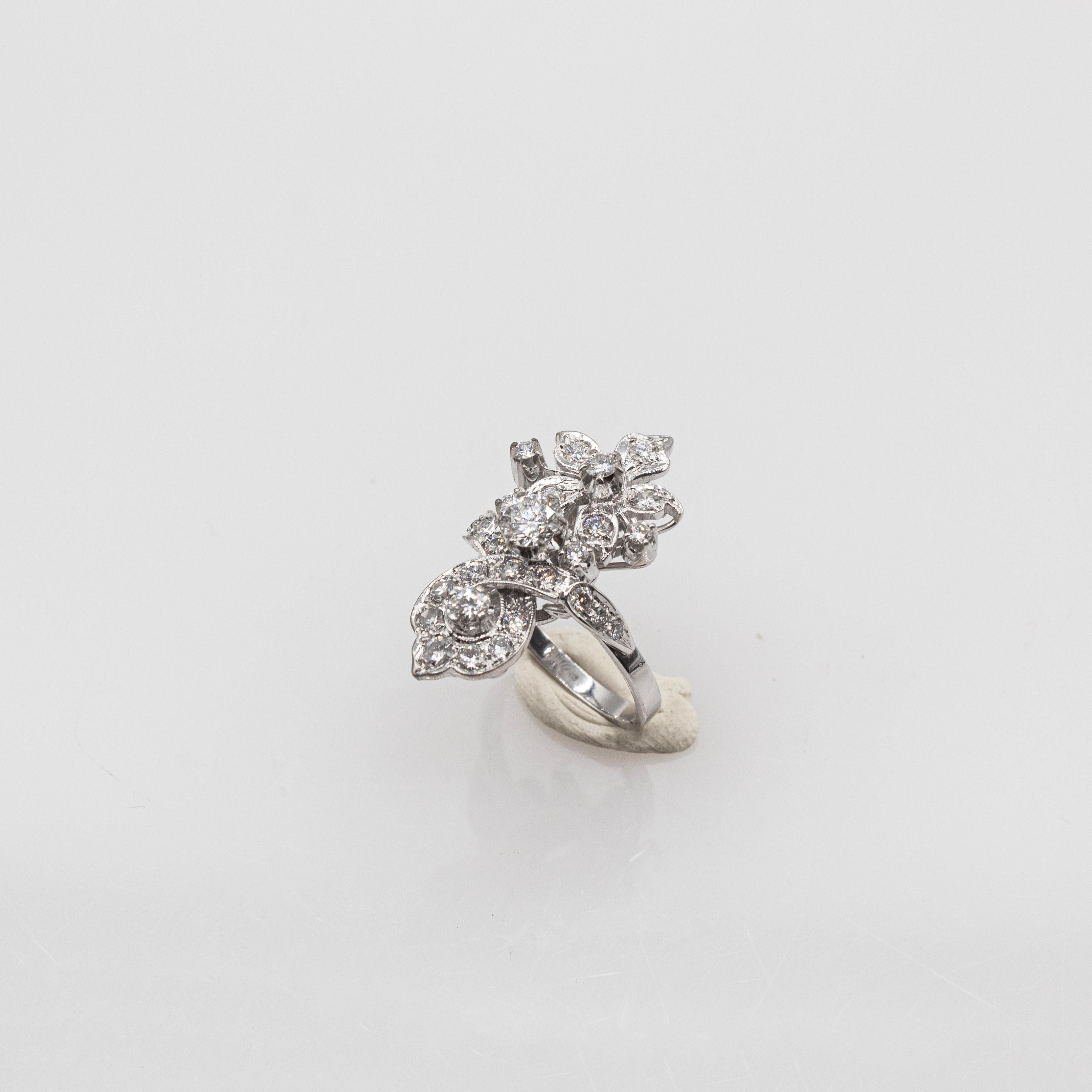 Art Deco Style Handcrafted White Brilliant Cut Diamond White Gold Cocktail Ring 1