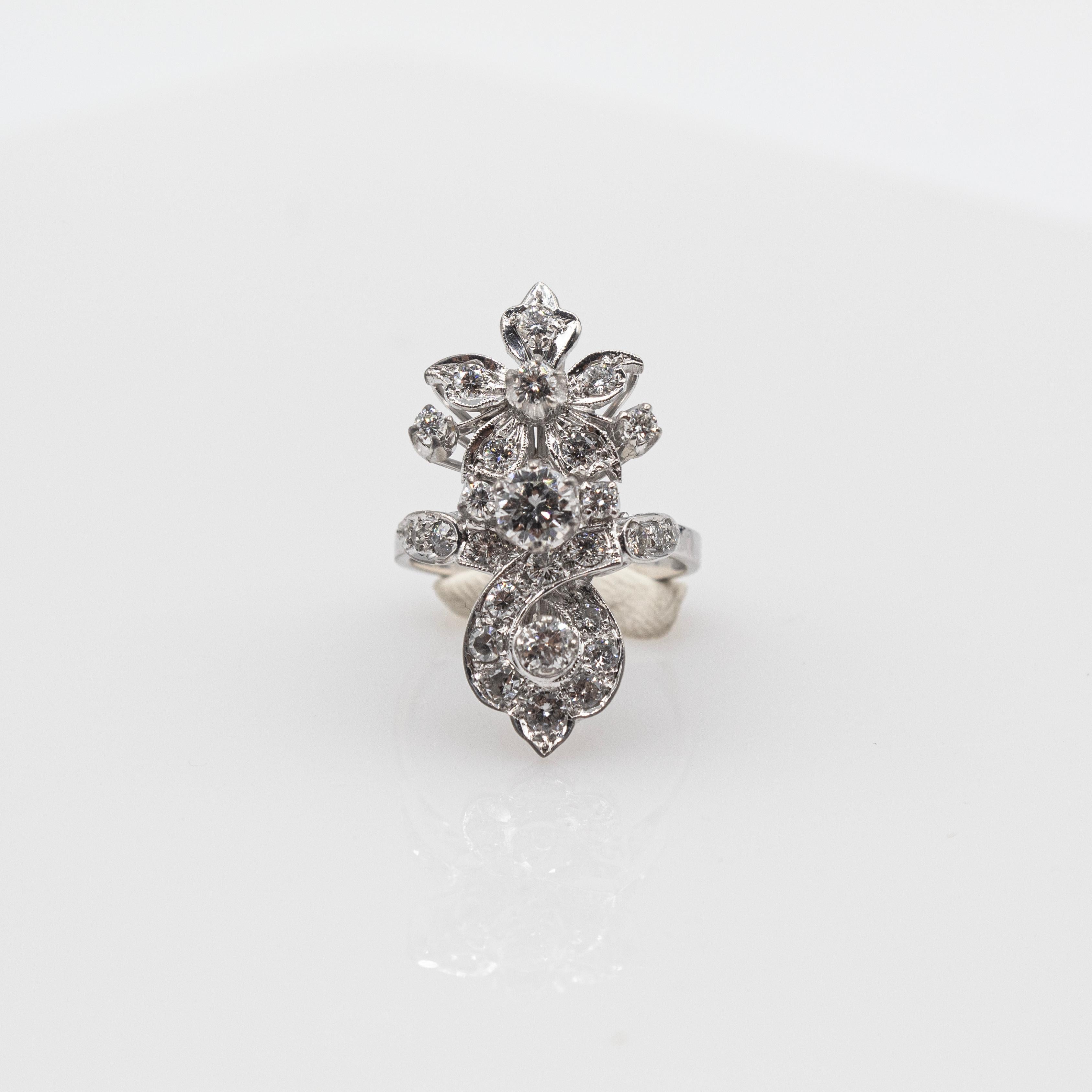 Art Deco Style Handcrafted White Brilliant Cut Diamond White Gold Cocktail Ring 5