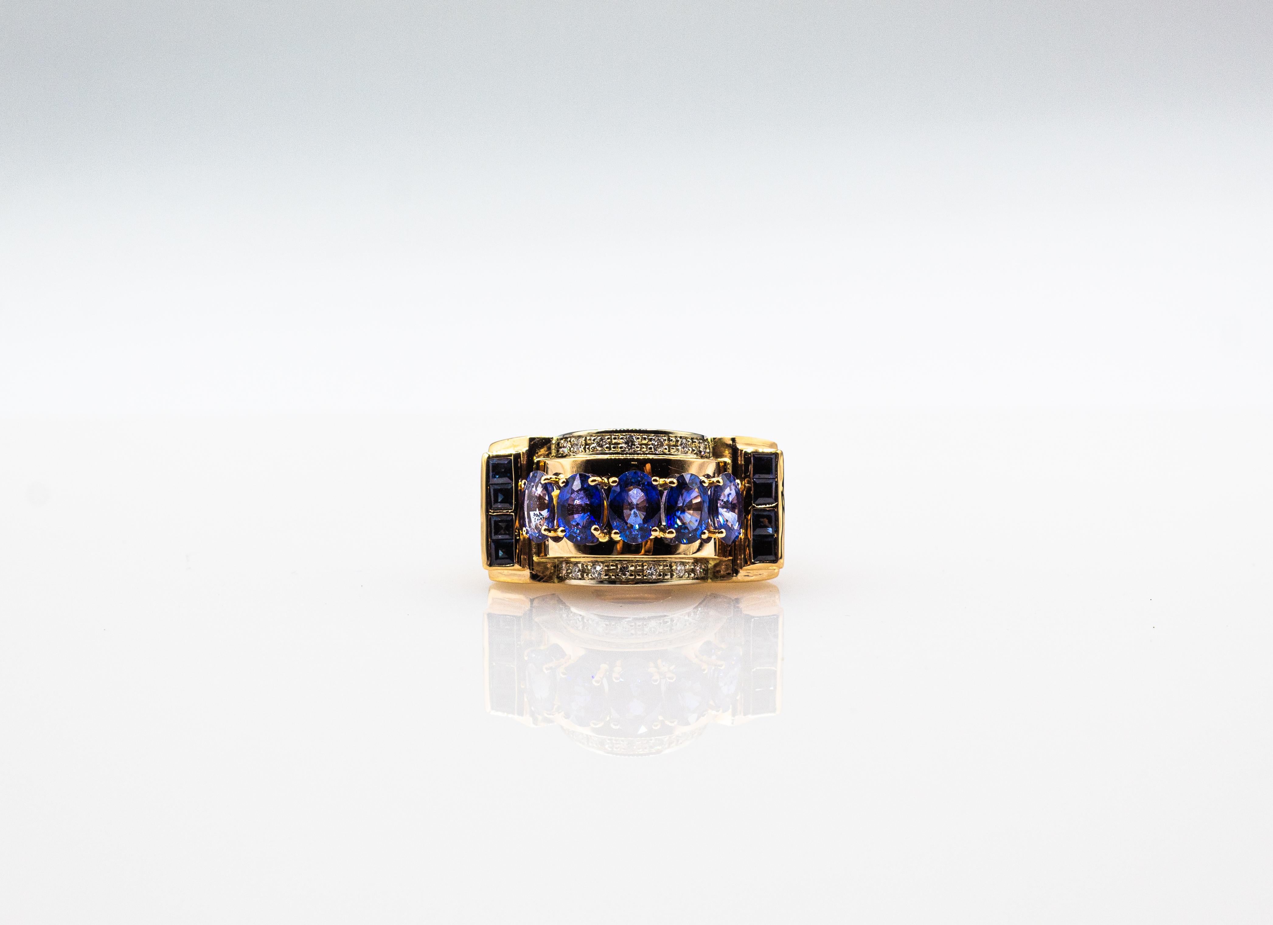 Art Deco Style Handcrafted White Diamond Blue Sapphire Yellow Gold Cocktail Ring For Sale 5