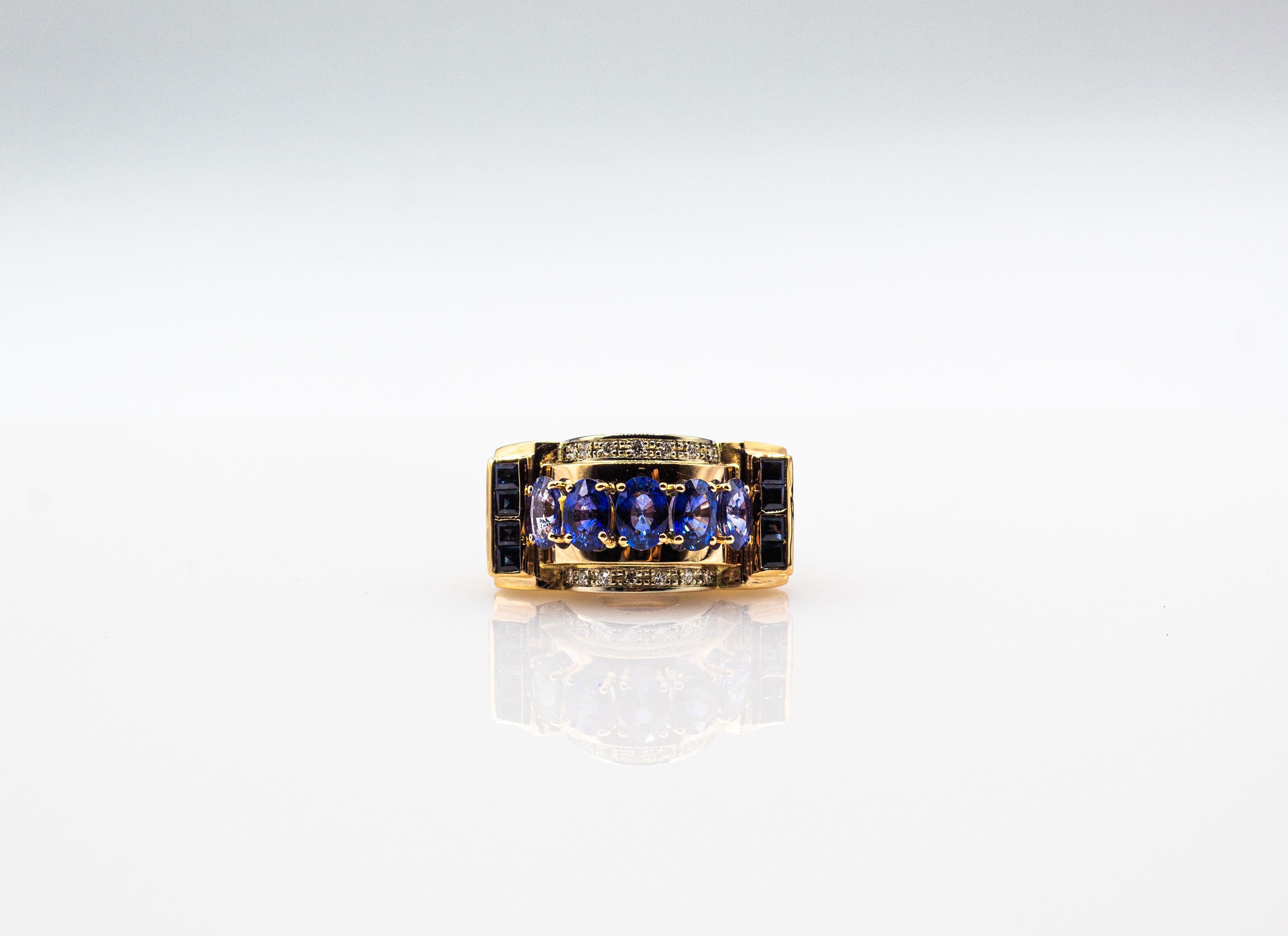 Bague cocktail de style Art déco fabriquée à la main en or jaune avec diamant blanc, saphir bleu et saphir en vente 5