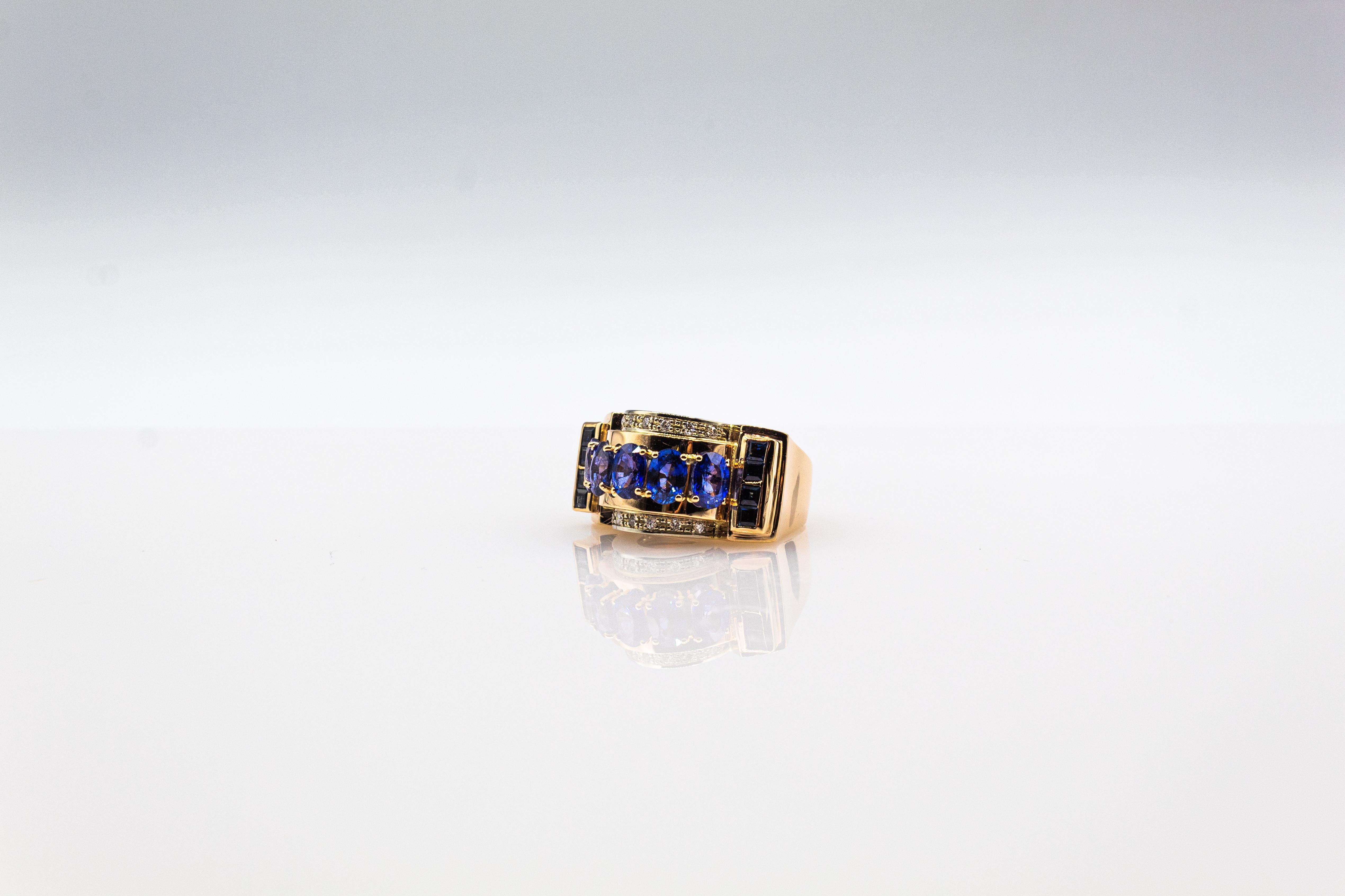 Art Deco Style Handcrafted White Diamond Blue Sapphire Yellow Gold Cocktail Ring For Sale 6