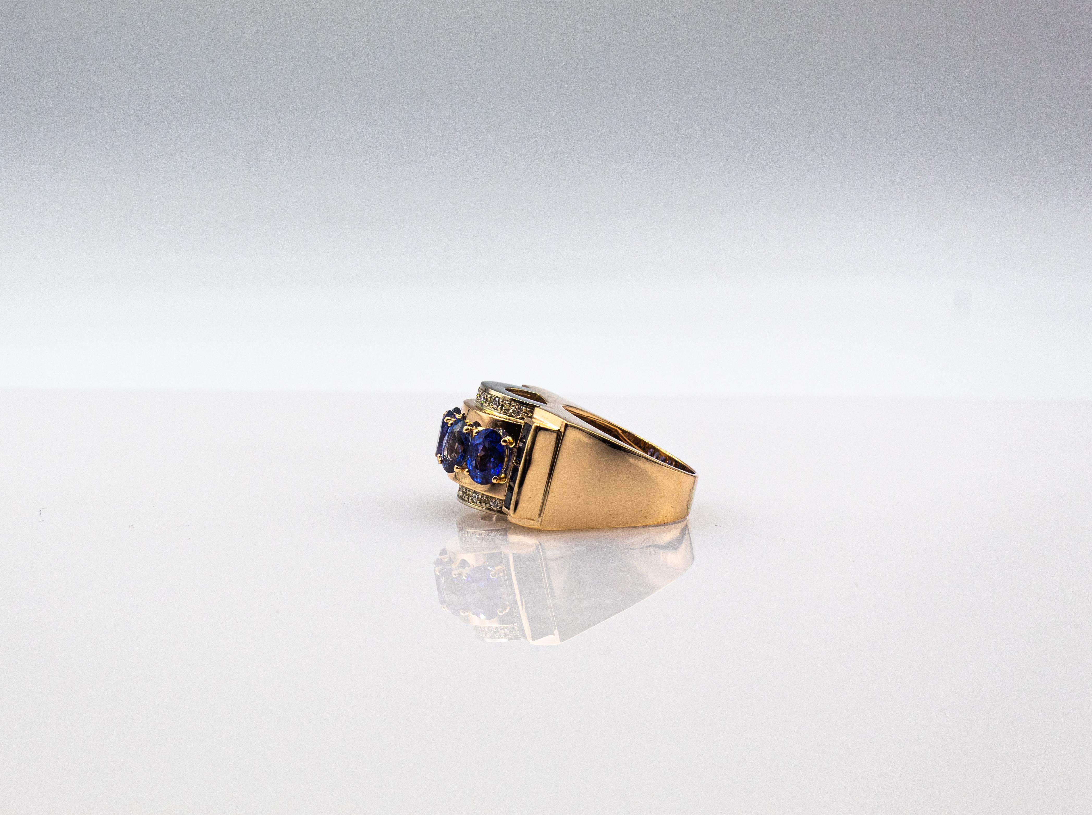 Art Deco Style Handcrafted White Diamond Blue Sapphire Yellow Gold Cocktail Ring For Sale 7