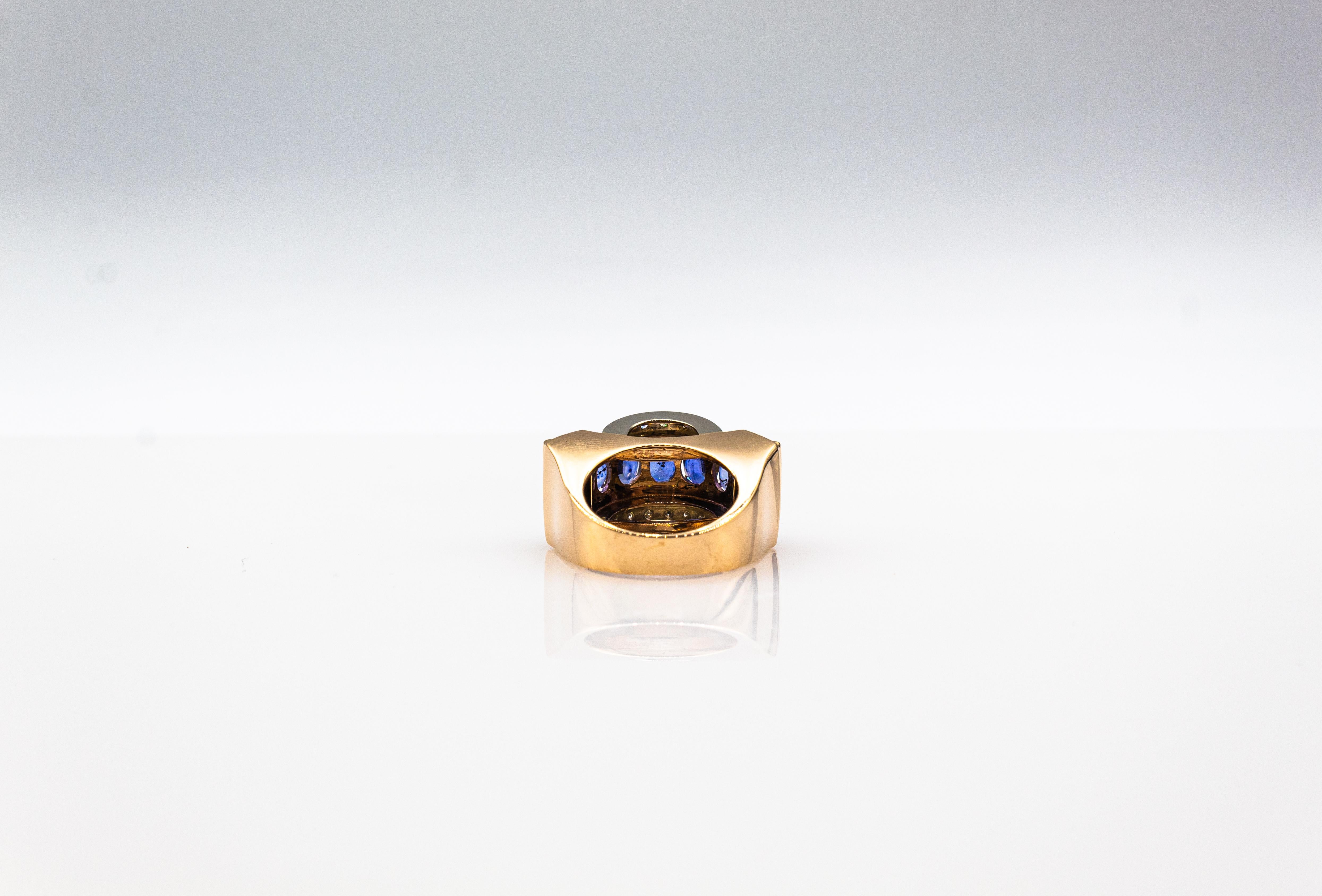 Art Deco Style Handcrafted White Diamond Blue Sapphire Yellow Gold Cocktail Ring For Sale 8