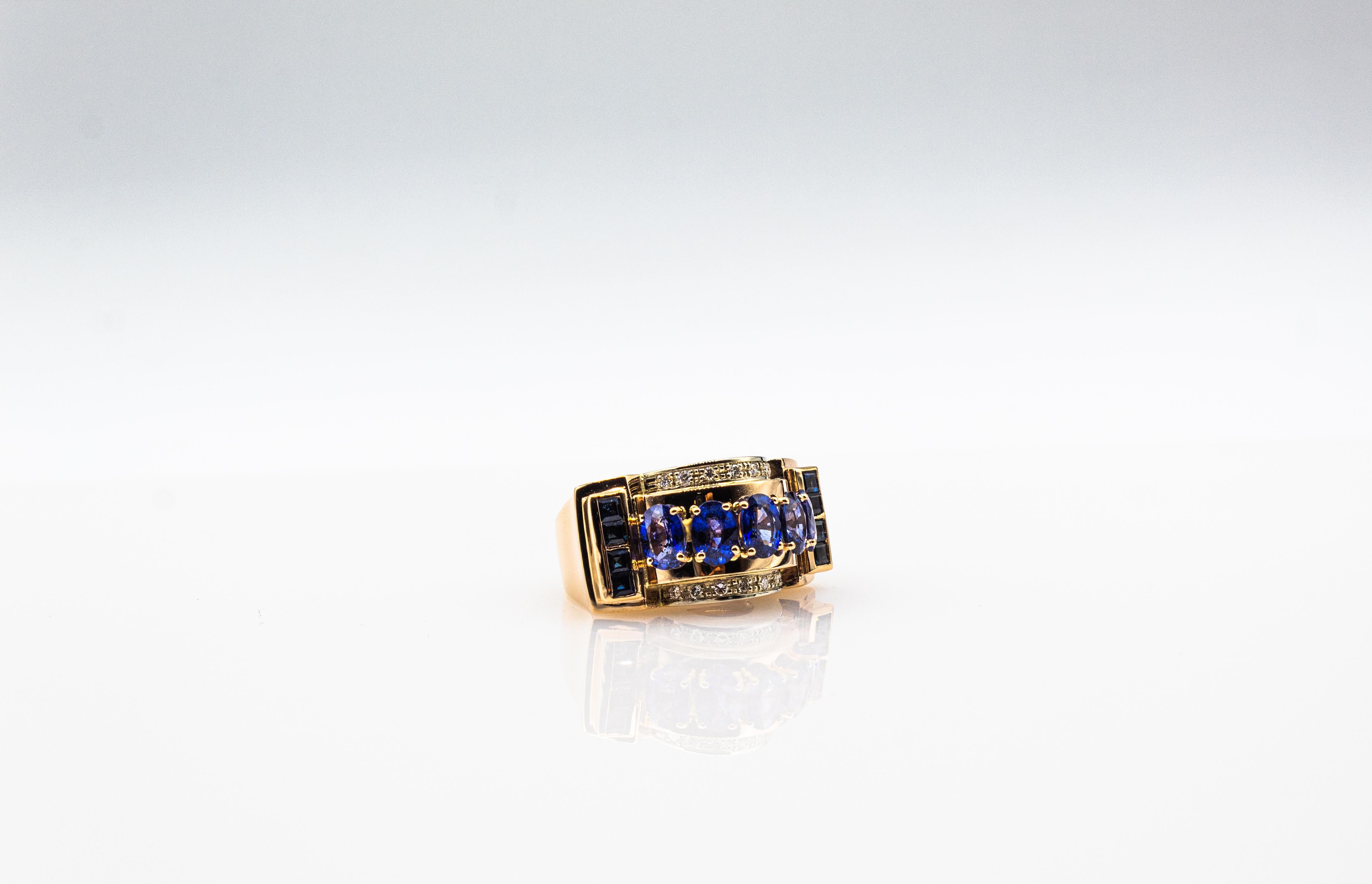 Art Deco Style Handcrafted White Diamond Blue Sapphire Yellow Gold Cocktail Ring For Sale 9