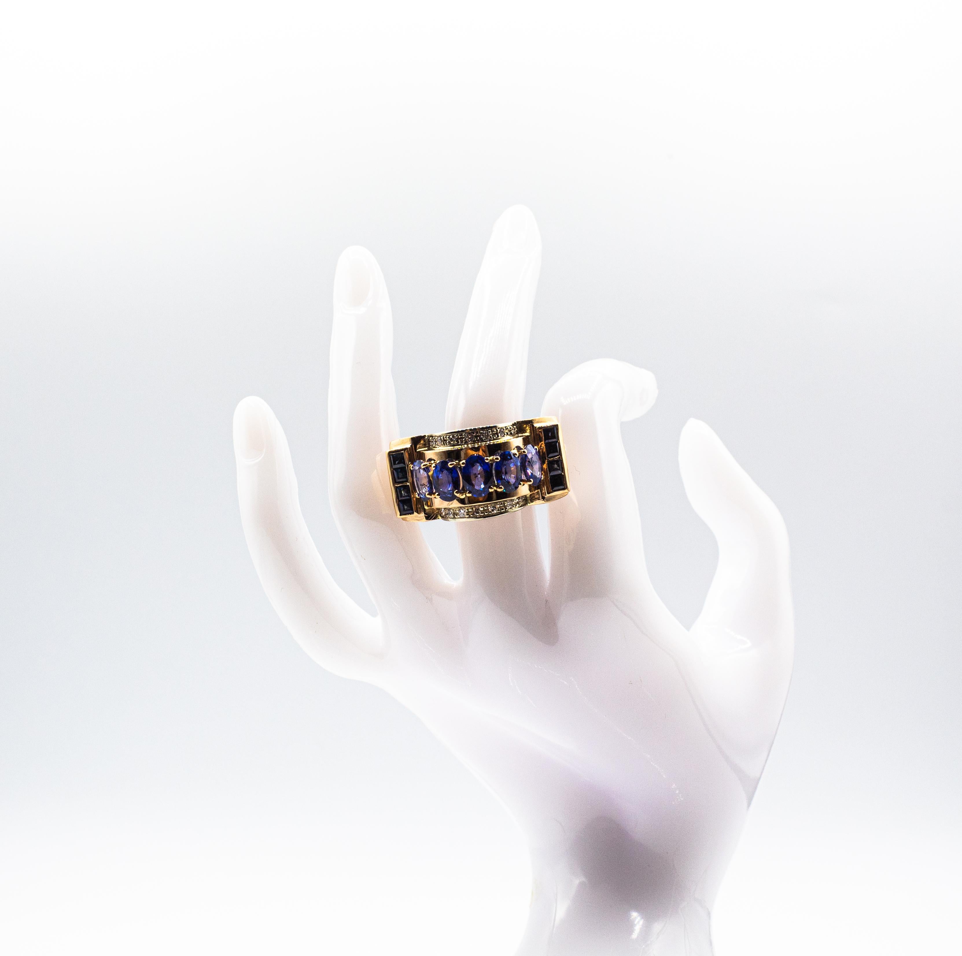Art Deco Style Handcrafted White Diamond Blue Sapphire Yellow Gold Cocktail Ring For Sale 10