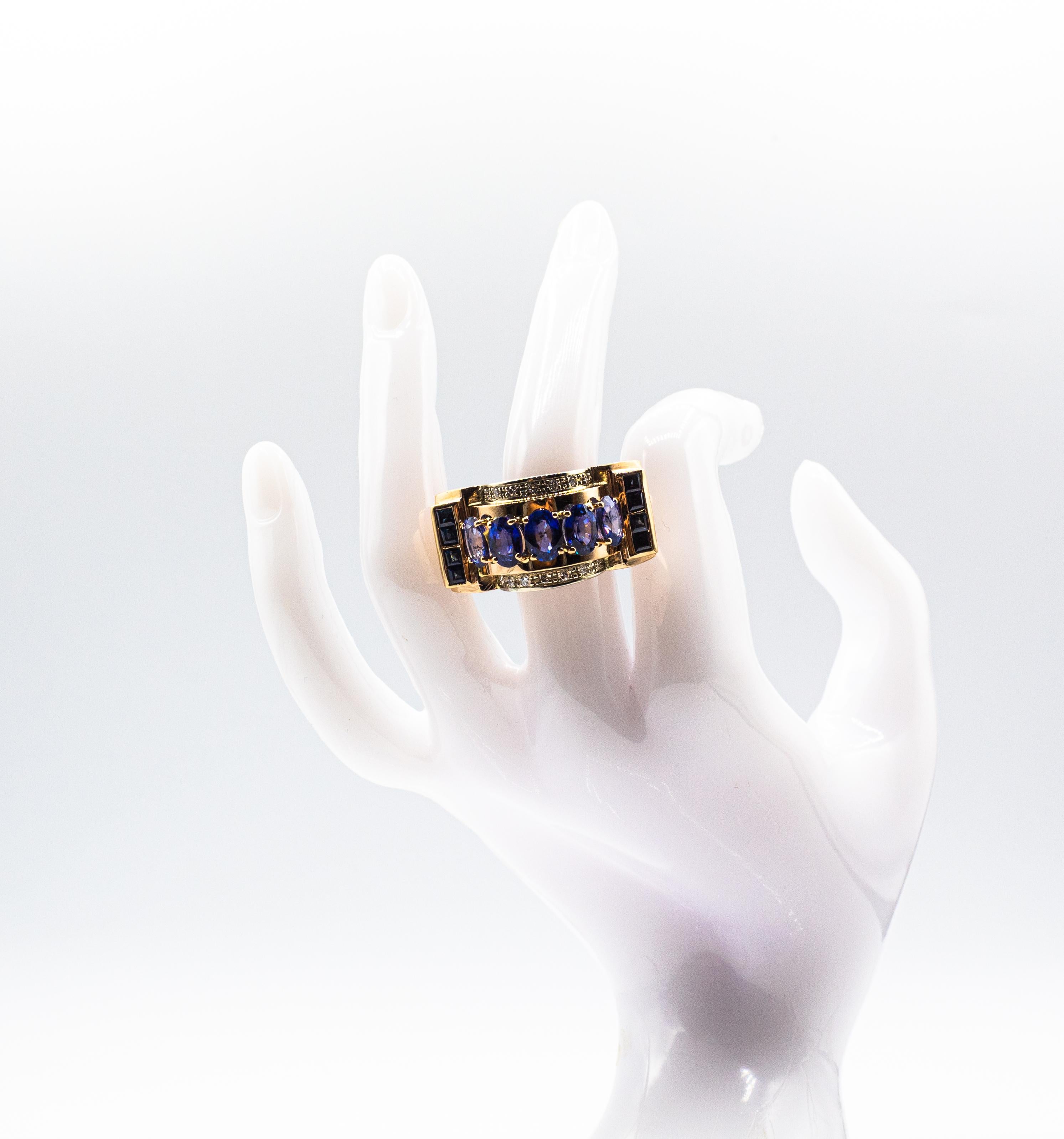Art Deco Style Handcrafted White Diamond Blue Sapphire Yellow Gold Cocktail Ring For Sale 11
