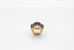 Art Deco Style Handcrafted White Diamond Blue Sapphire Yellow Gold Cocktail Ring