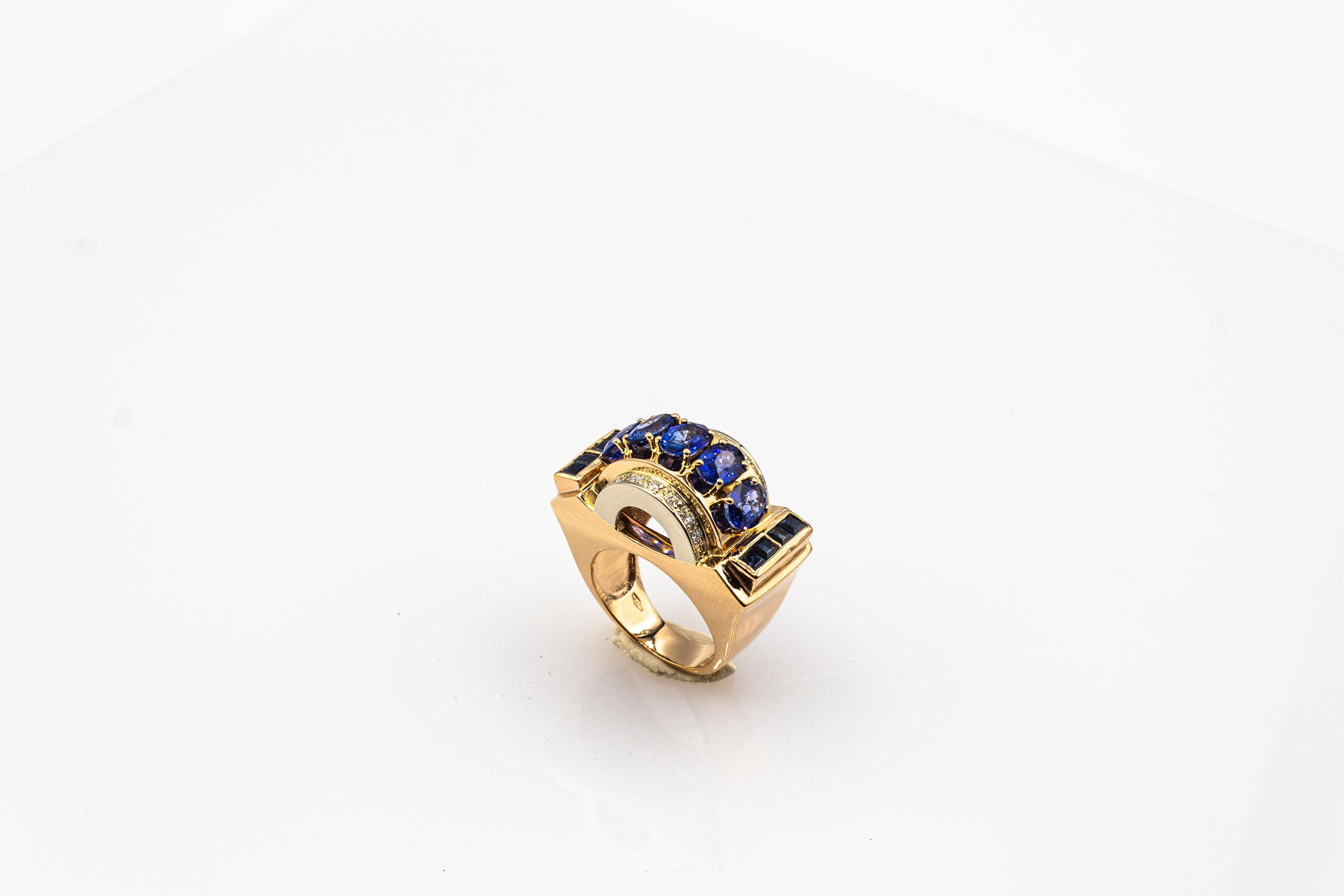Brilliant Cut Art Deco Style Handcrafted White Diamond Blue Sapphire Yellow Gold Cocktail Ring For Sale