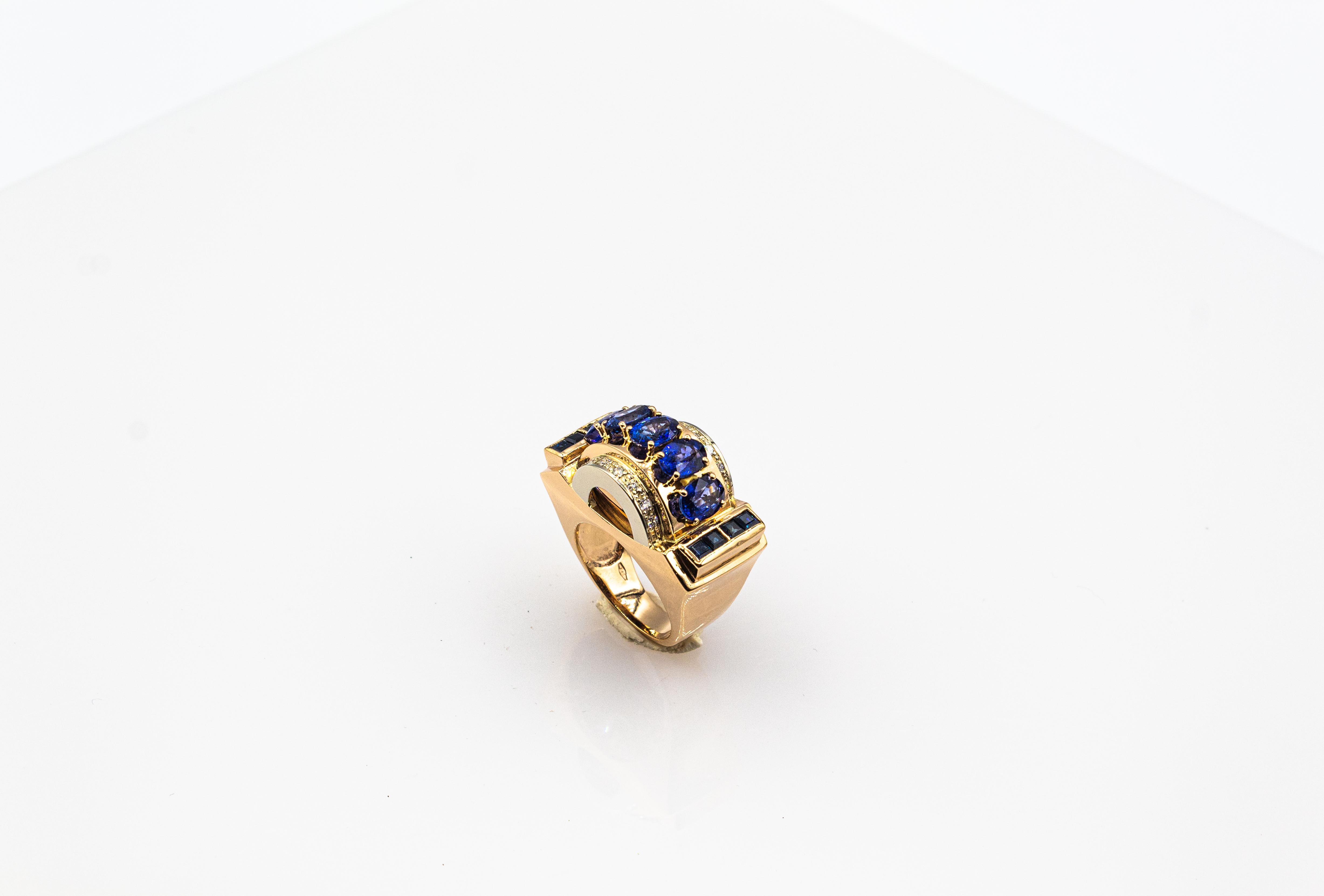 Women's or Men's Art Deco Style Handcrafted White Diamond Blue Sapphire Yellow Gold Cocktail Ring For Sale