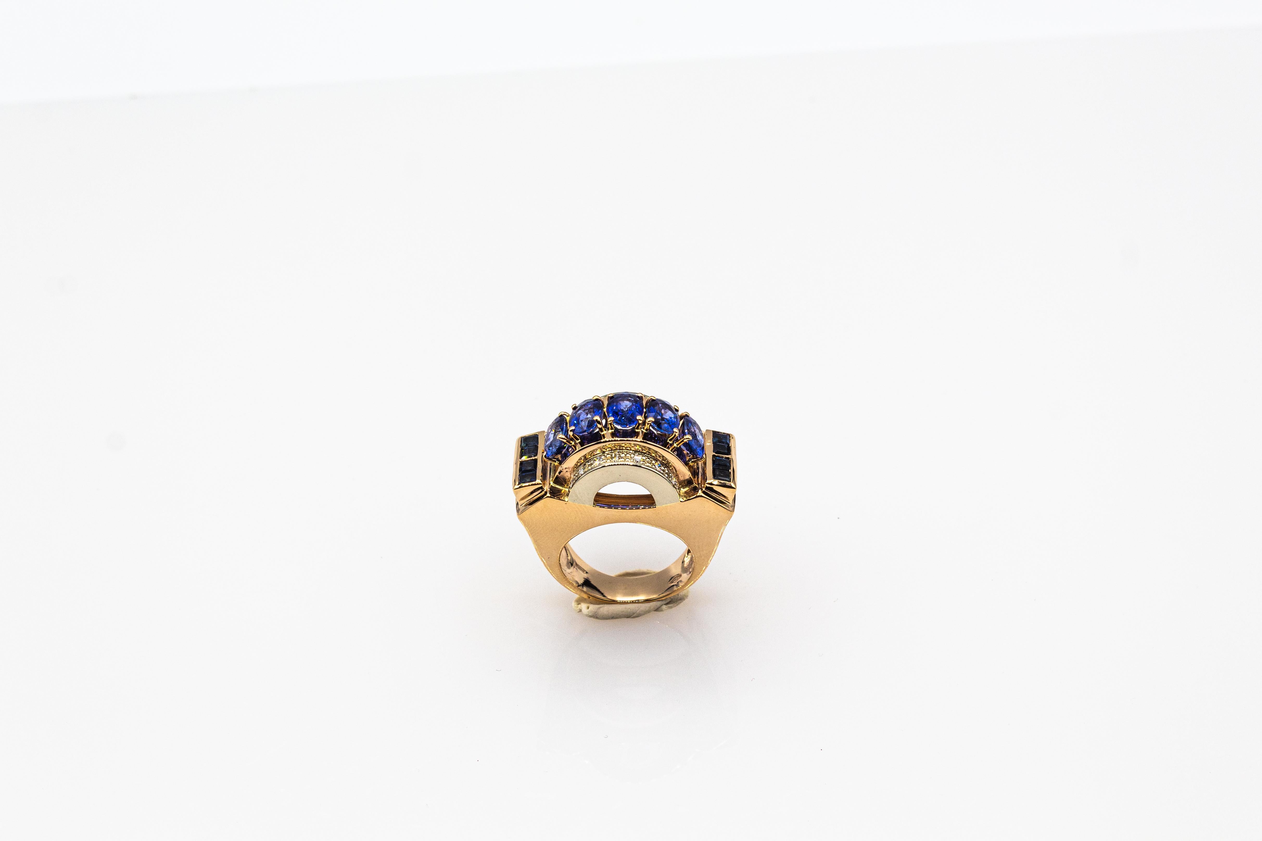 Art Deco Style Handcrafted White Diamond Blue Sapphire Yellow Gold Cocktail Ring For Sale 2