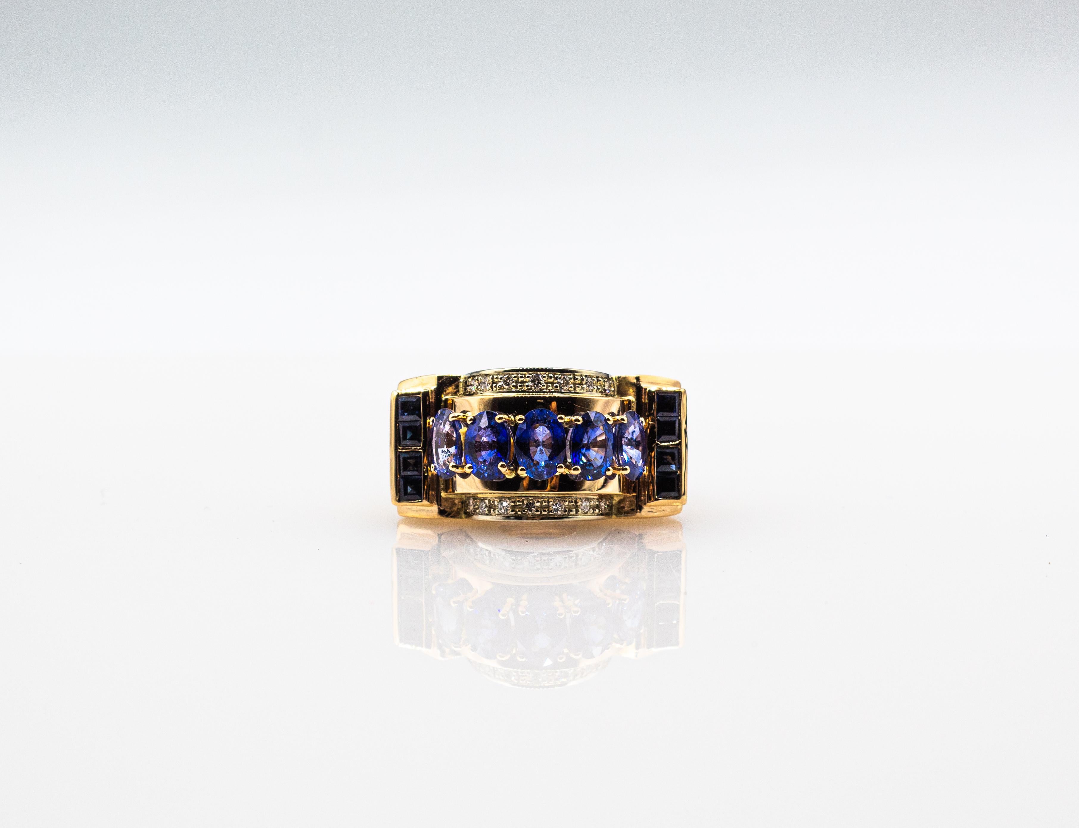 Art Deco Style Handcrafted White Diamond Blue Sapphire Yellow Gold Cocktail Ring For Sale 4