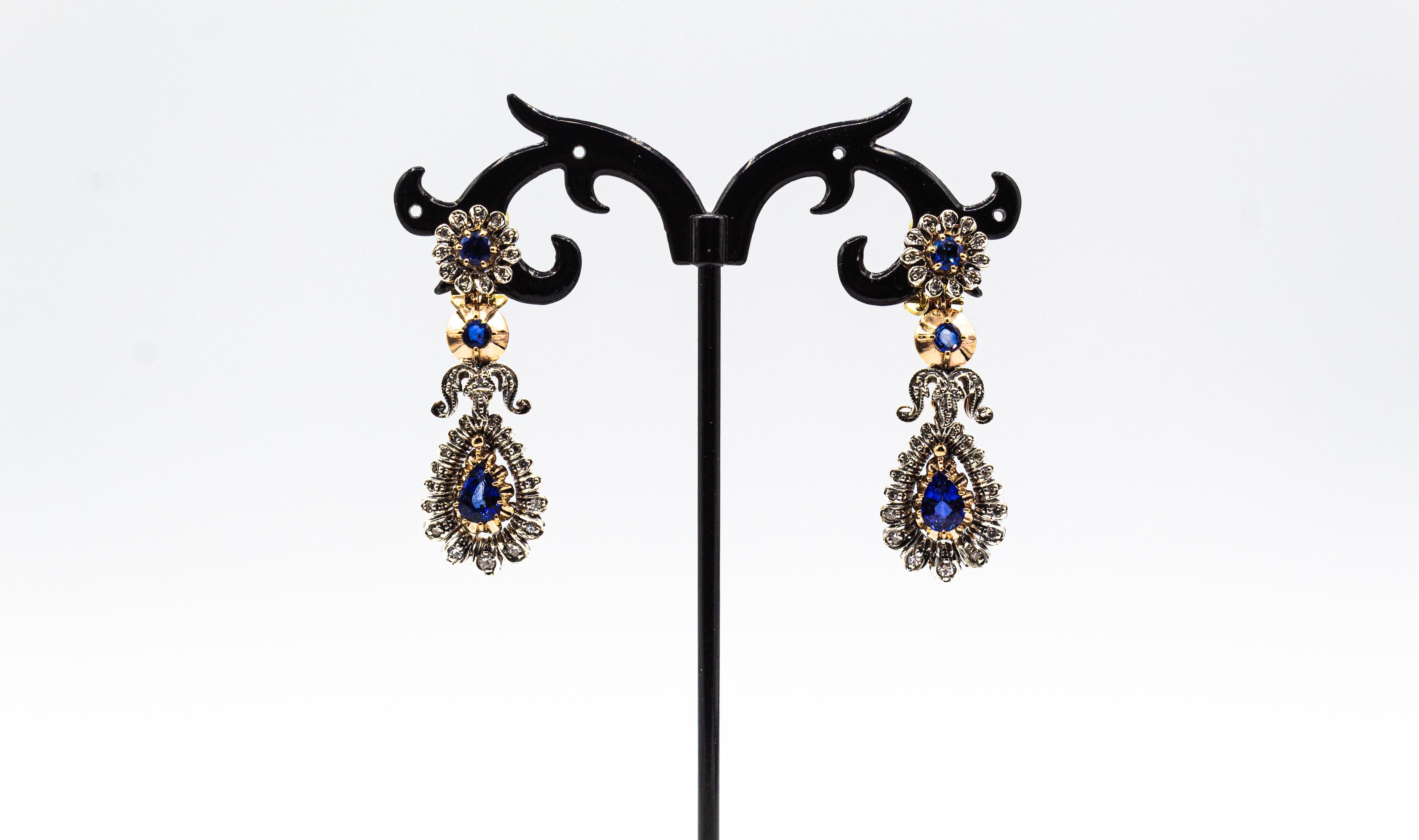 Round Cut Art Deco Style Handcrafted White Diamond Blue Sapphire Yellow Gold Drop Earrings