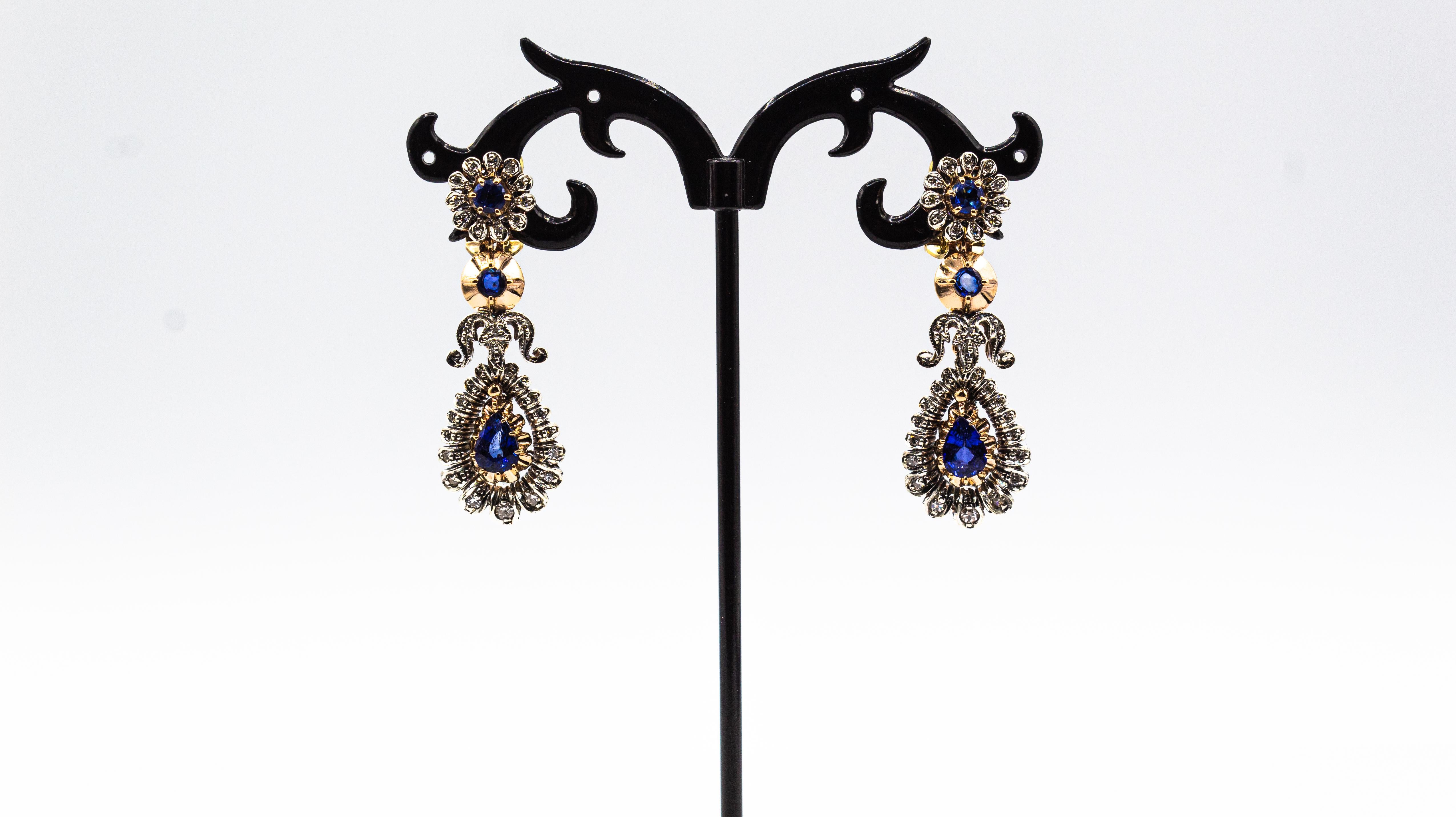 Art Deco Style Handcrafted White Diamond Blue Sapphire Yellow Gold Drop Earrings In New Condition For Sale In Naples, IT
