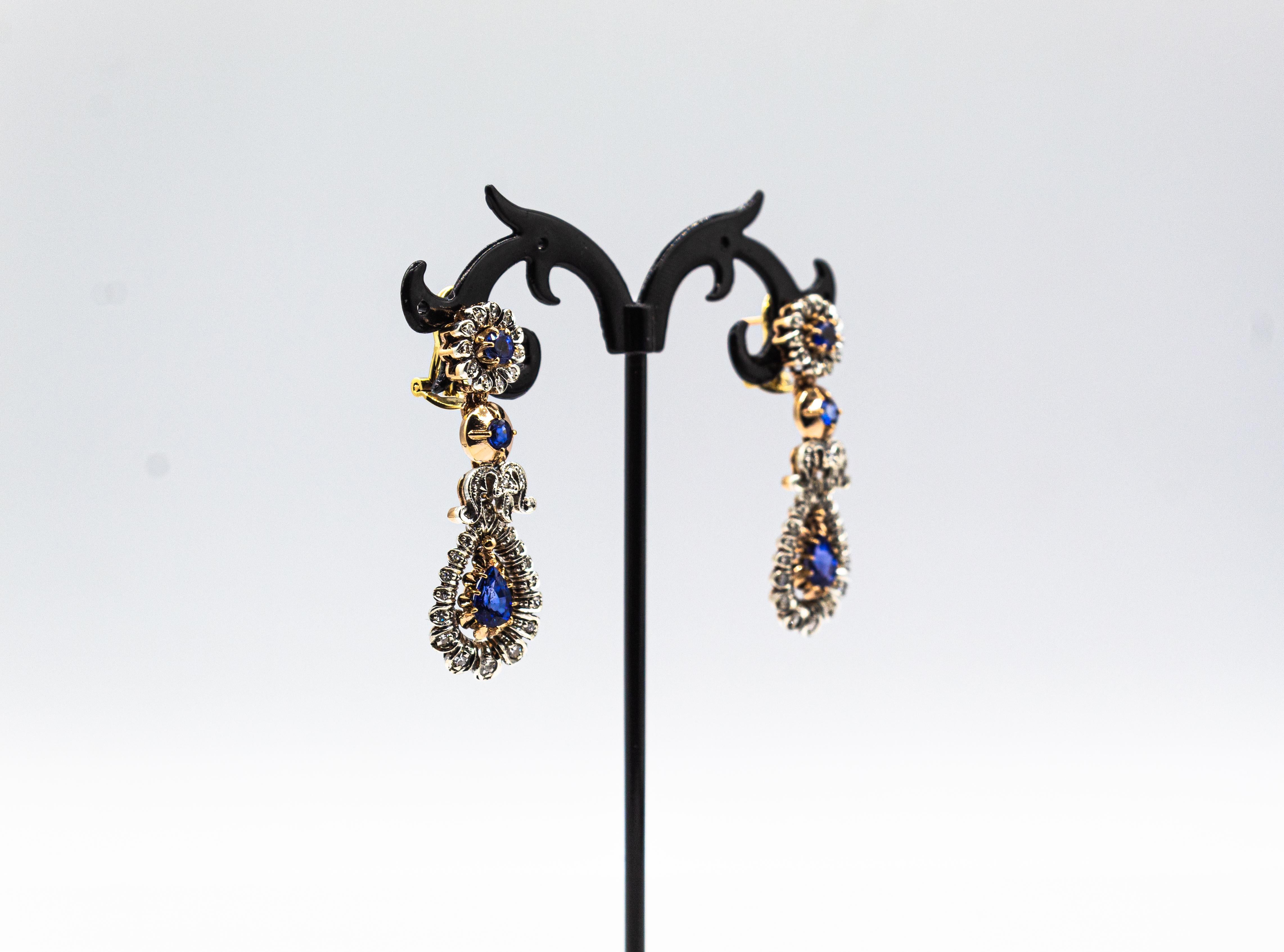 Women's or Men's Art Deco Style Handcrafted White Diamond Blue Sapphire Yellow Gold Drop Earrings For Sale
