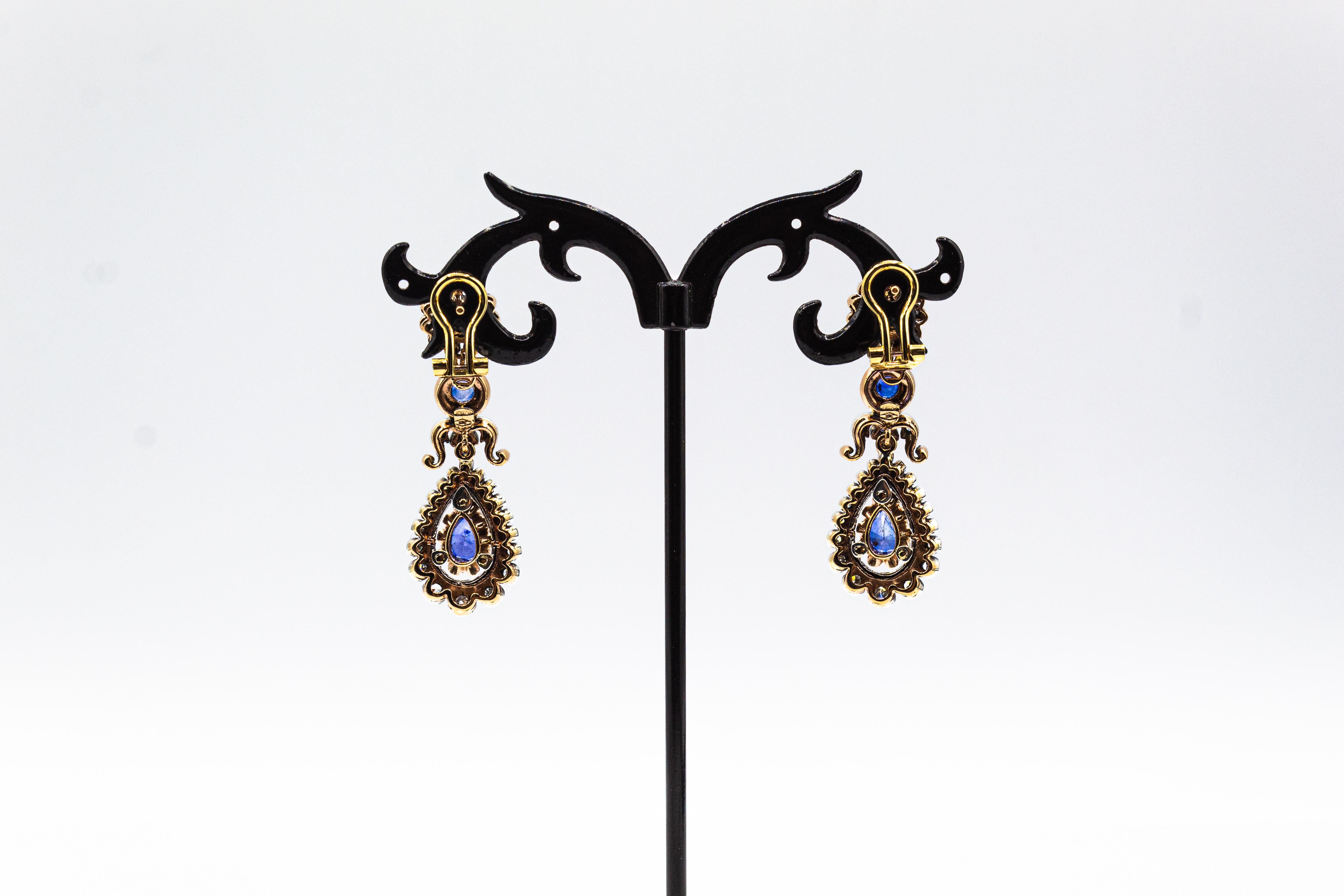 Art Deco Style Handcrafted White Diamond Blue Sapphire Yellow Gold Drop Earrings For Sale 1