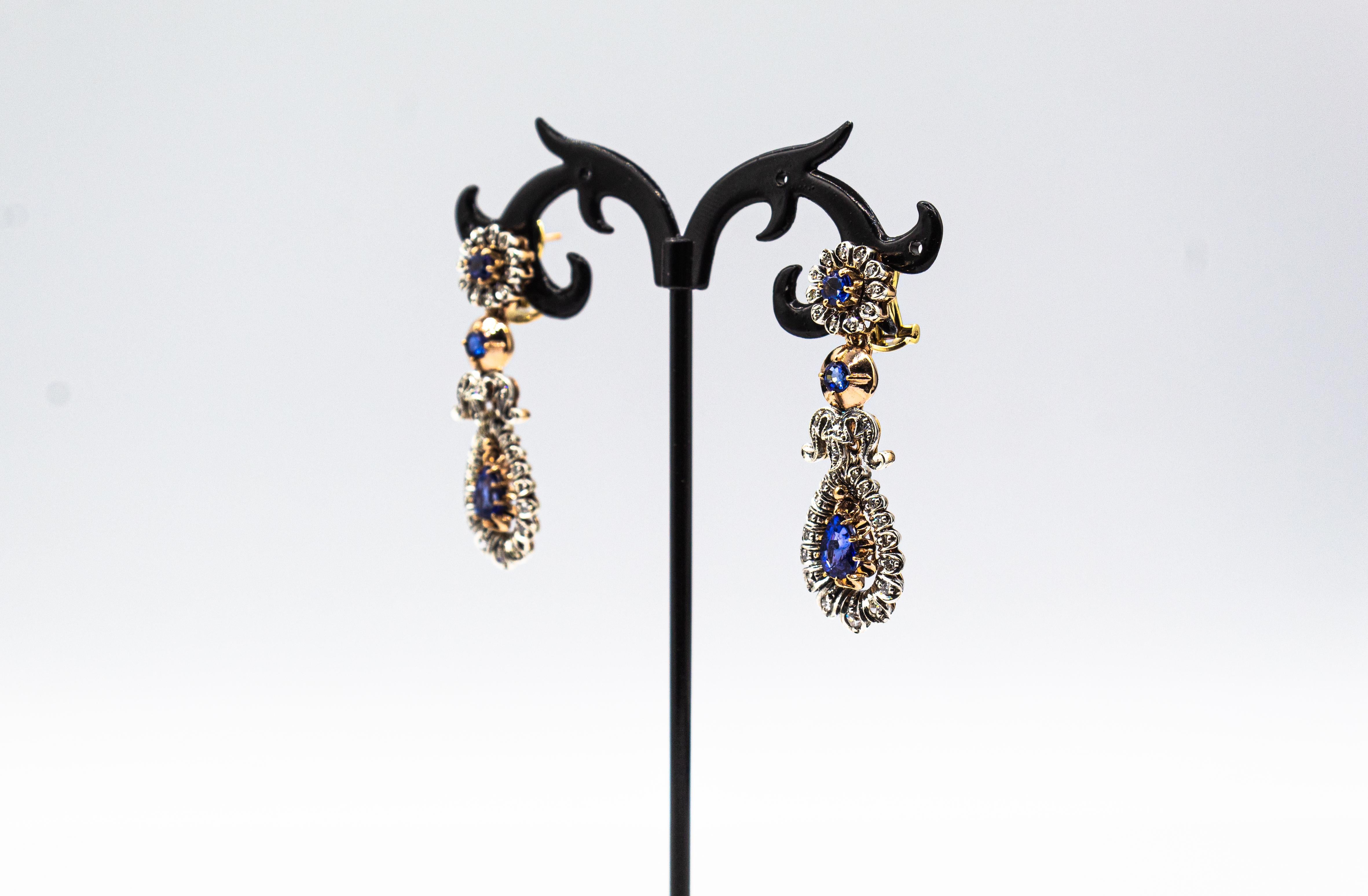 Art Deco Style Handcrafted White Diamond Blue Sapphire Yellow Gold Drop Earrings For Sale 2