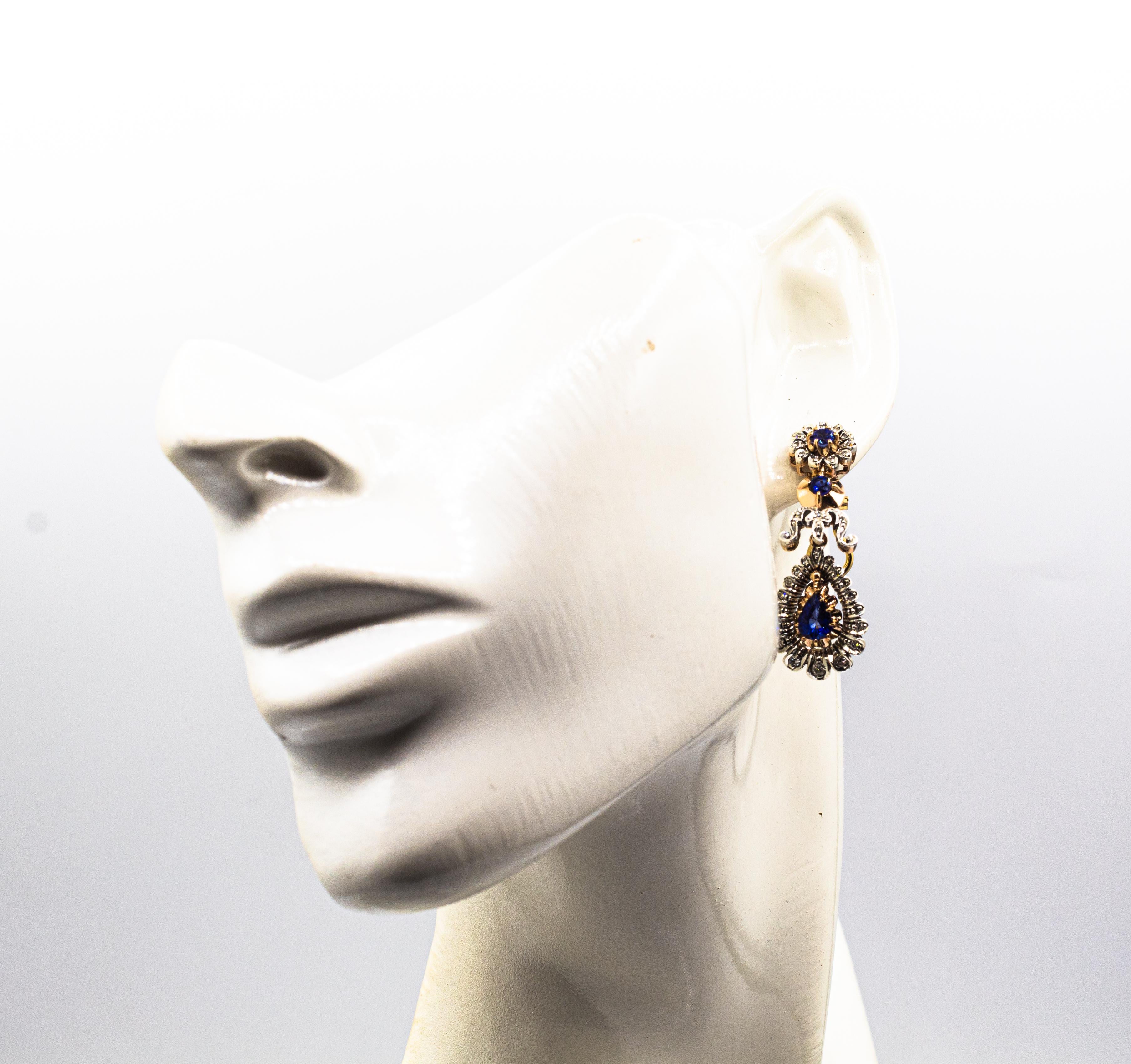 Art Deco Style Handcrafted White Diamond Blue Sapphire Yellow Gold Drop Earrings For Sale 3