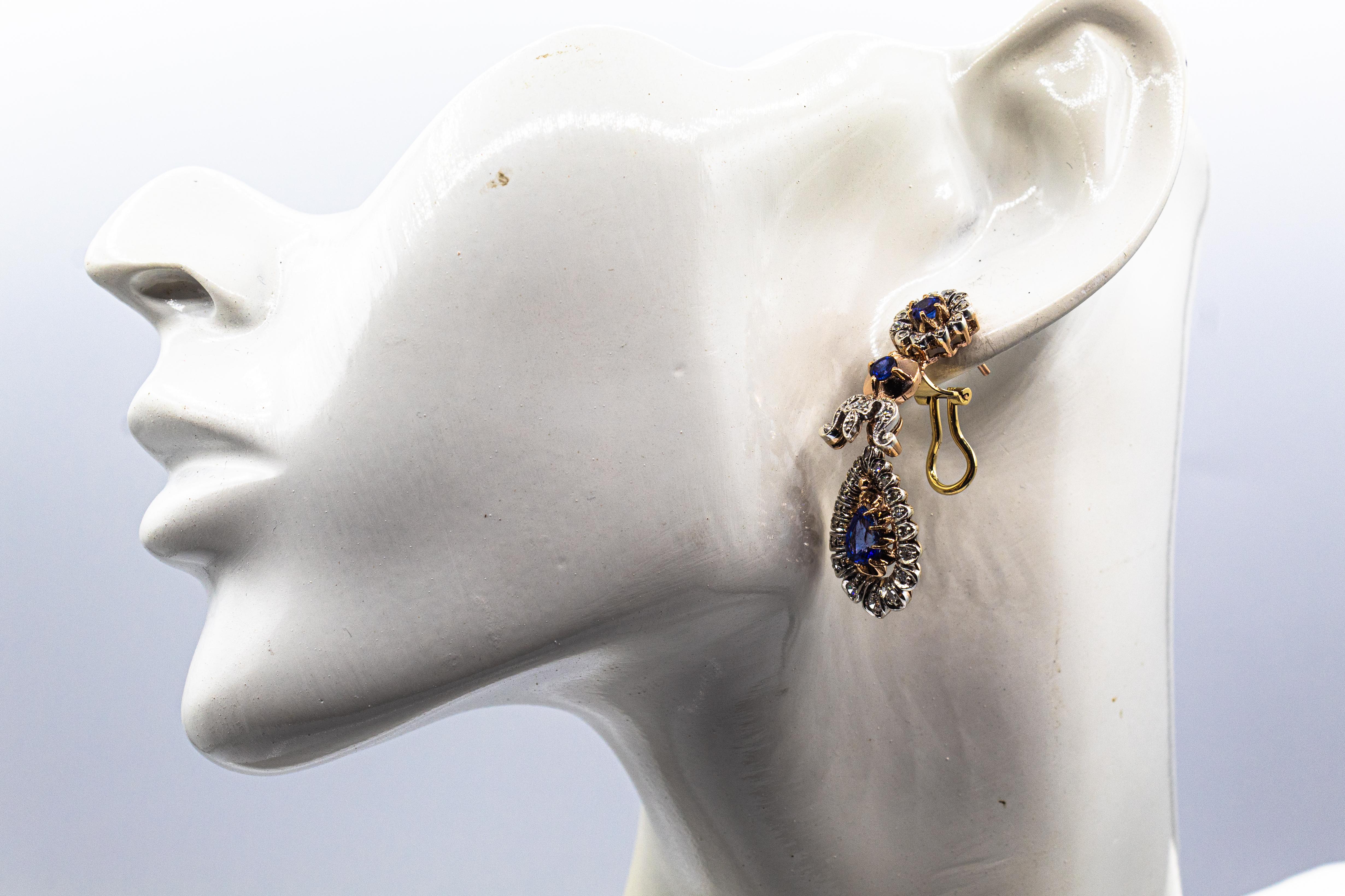 Art Deco Style Handcrafted White Diamond Blue Sapphire Yellow Gold Drop Earrings For Sale 4