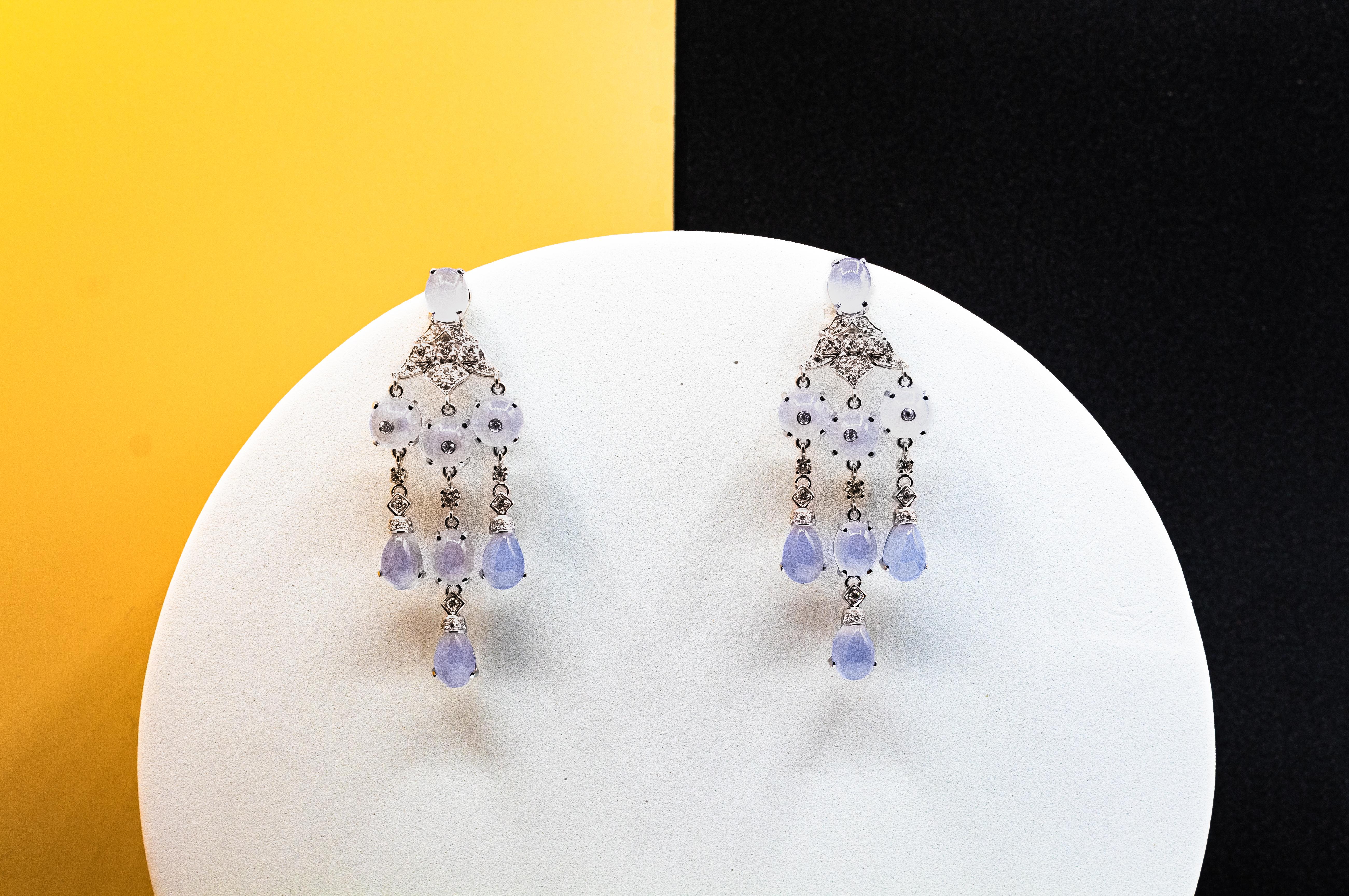 Art Deco Style Handcrafted White Diamond Chalcedony White Gold Clip-On Earrings For Sale 5