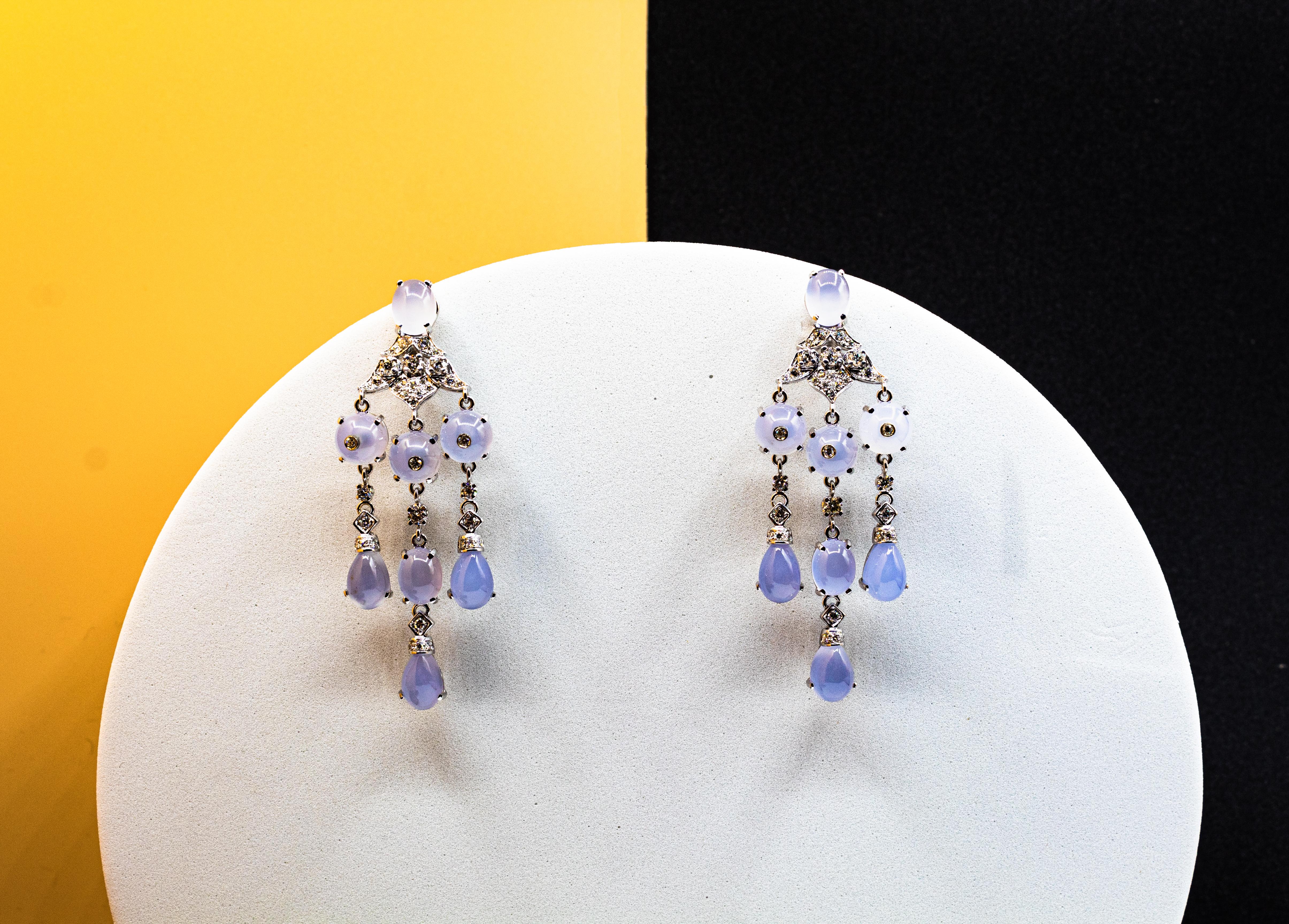 Art Deco Style Handcrafted White Diamond Chalcedony White Gold Clip-On Earrings For Sale 6