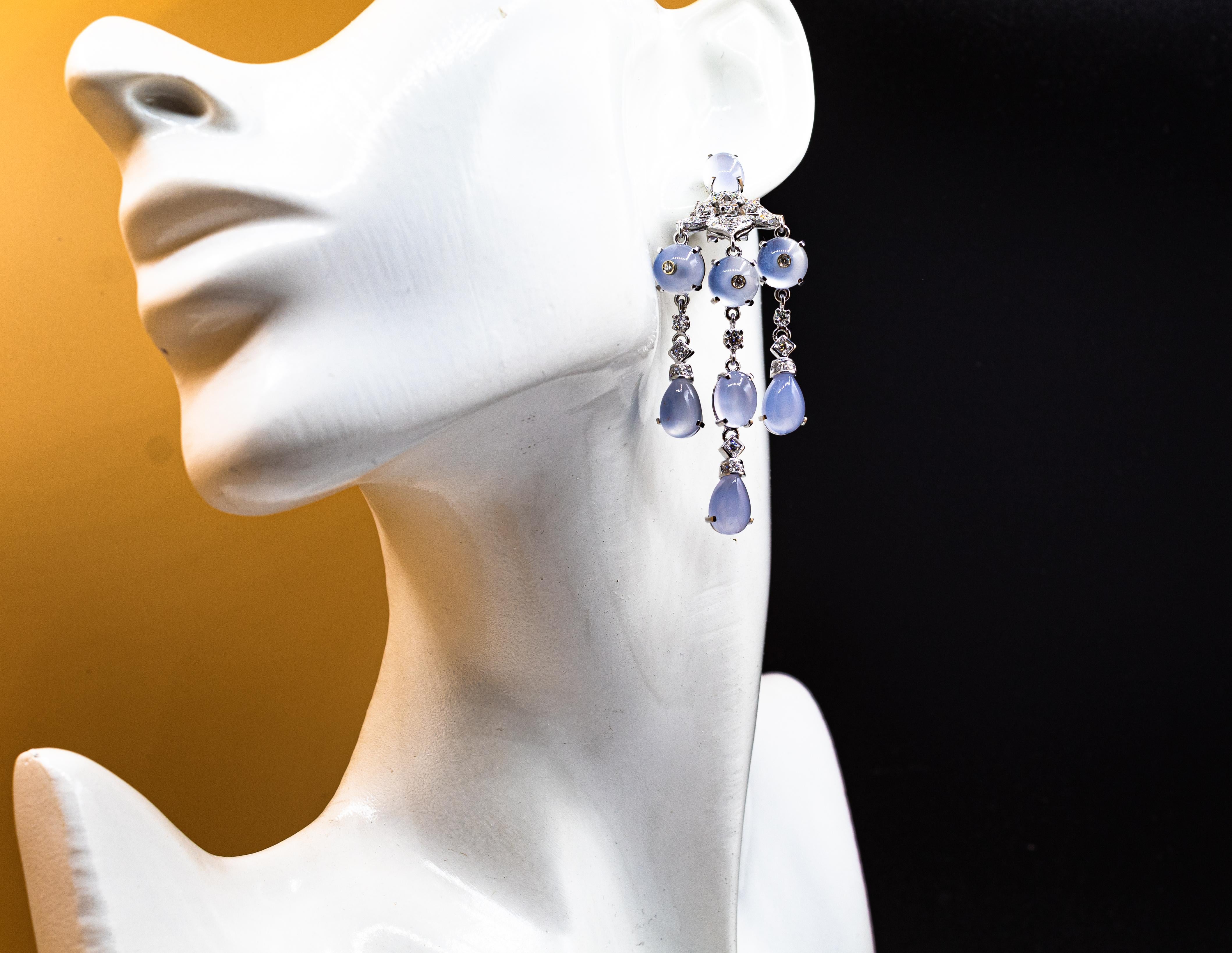 Art Deco Style Handcrafted White Diamond Chalcedony White Gold Clip-On Earrings For Sale 7
