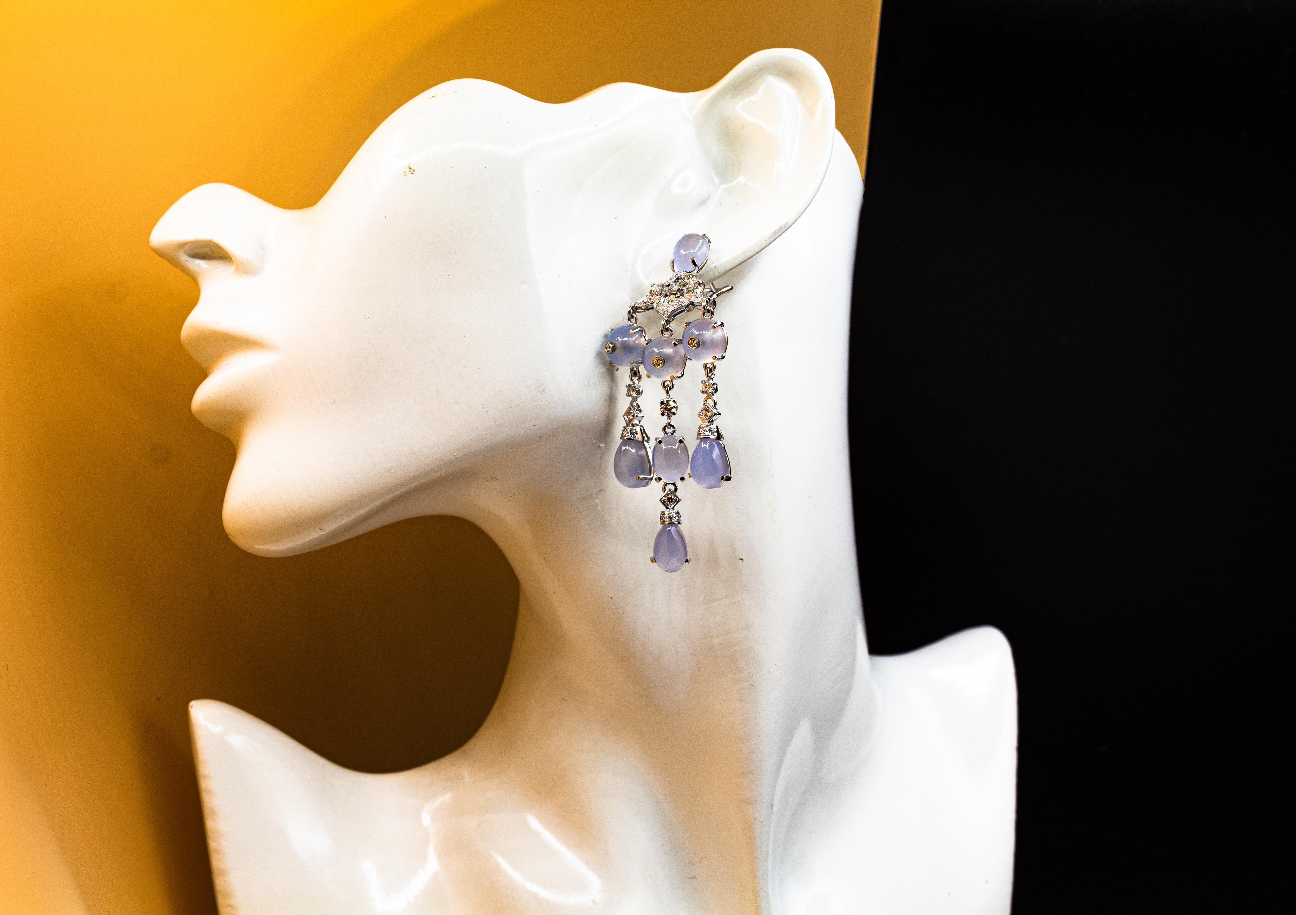 Art Deco Style Handcrafted White Diamond Chalcedony White Gold Clip-On Earrings For Sale 8