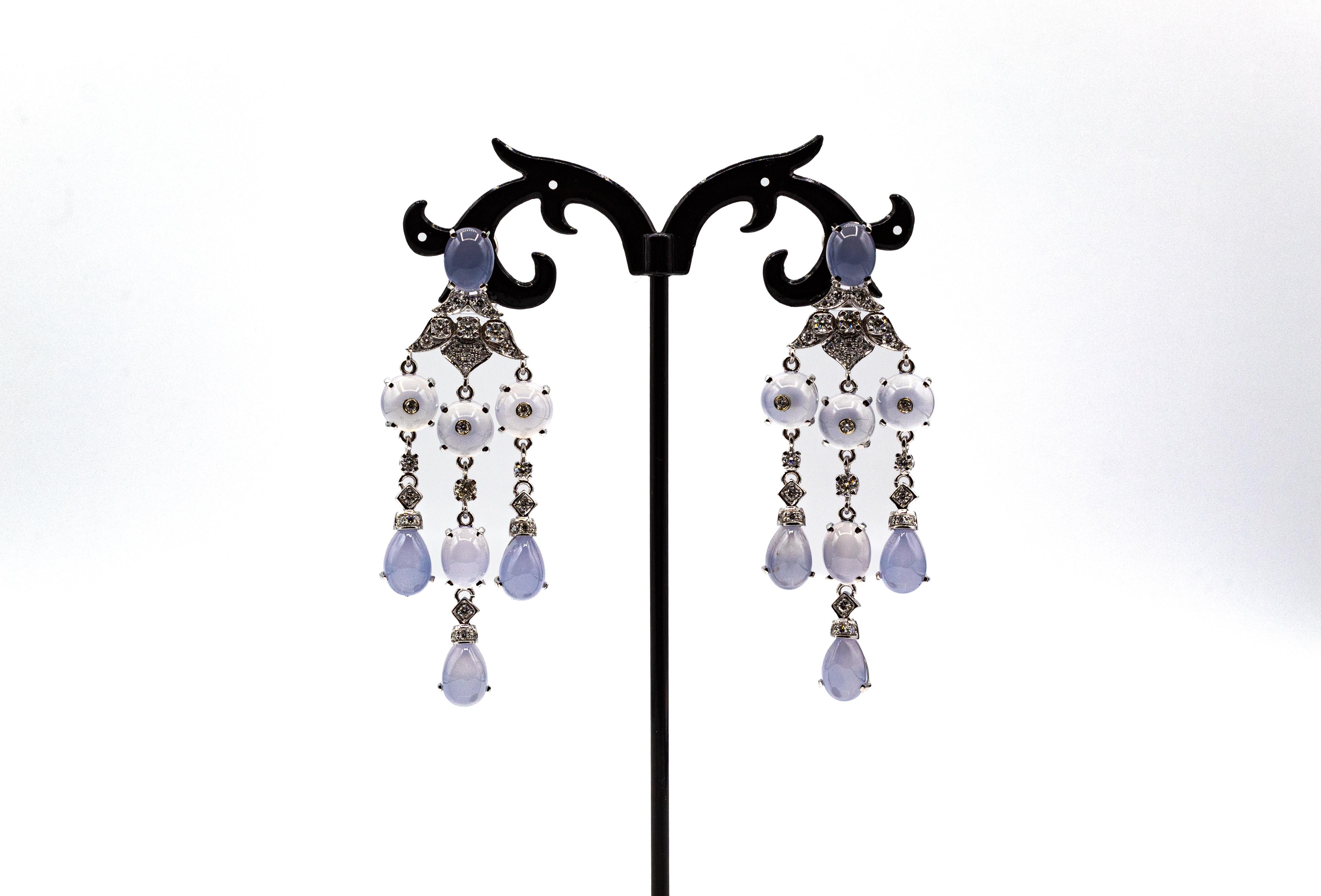 Brilliant Cut Art Deco Style Handcrafted White Diamond Chalcedony White Gold Clip-On Earrings For Sale
