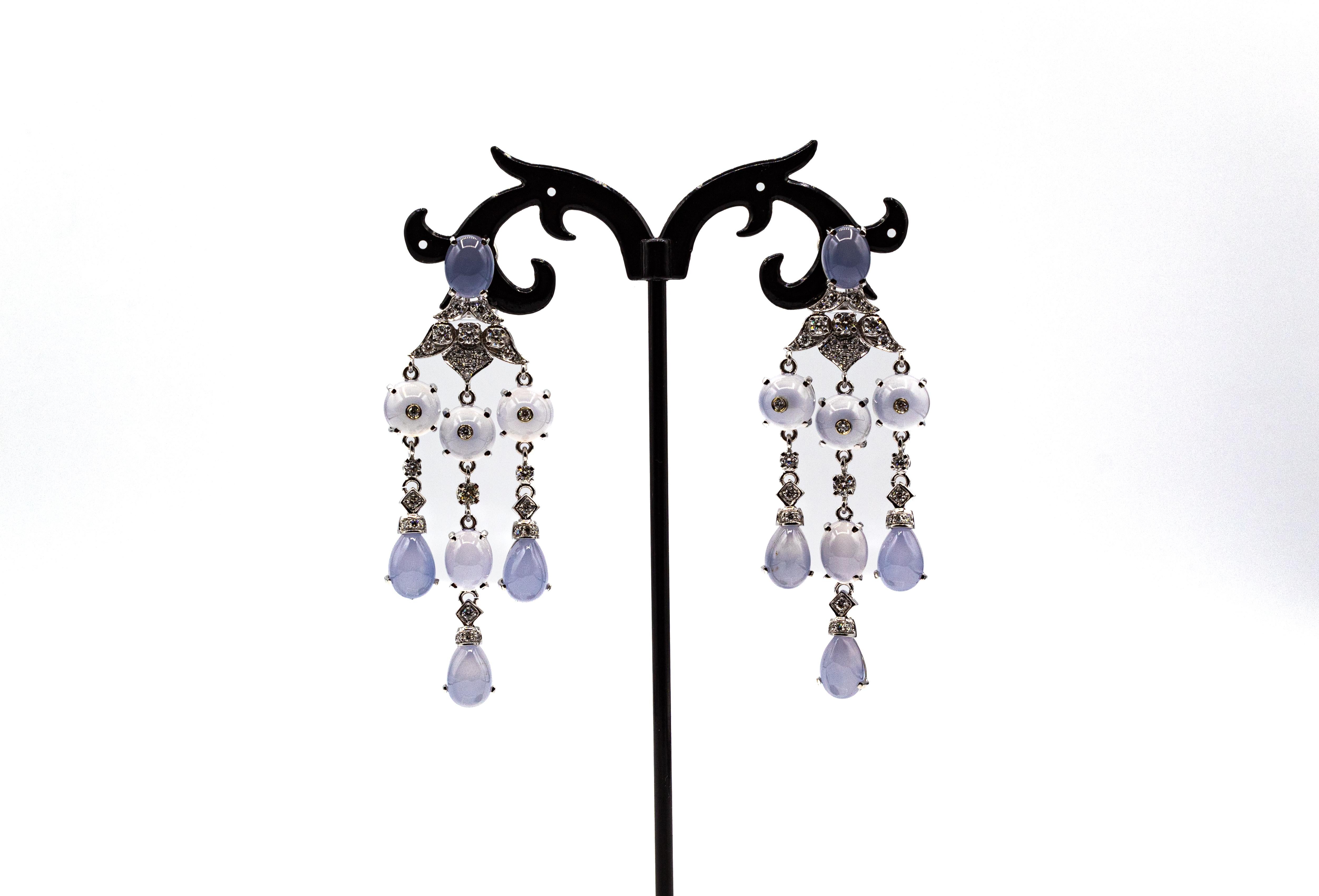 Art Deco Style Handcrafted White Diamond Chalcedony White Gold Clip-On Earrings In New Condition For Sale In Naples, IT
