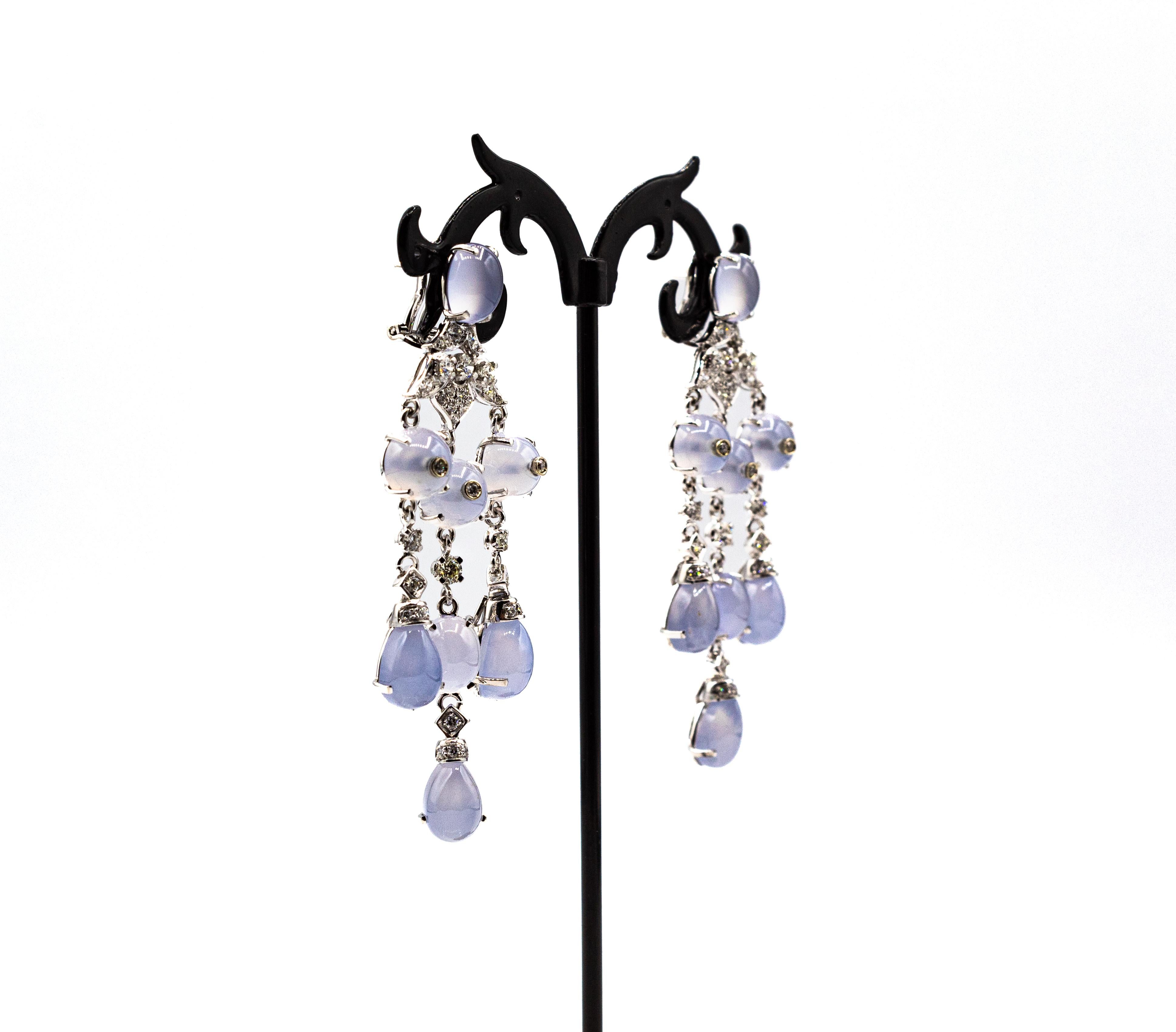 Women's or Men's Art Deco Style Handcrafted White Diamond Chalcedony White Gold Clip-On Earrings