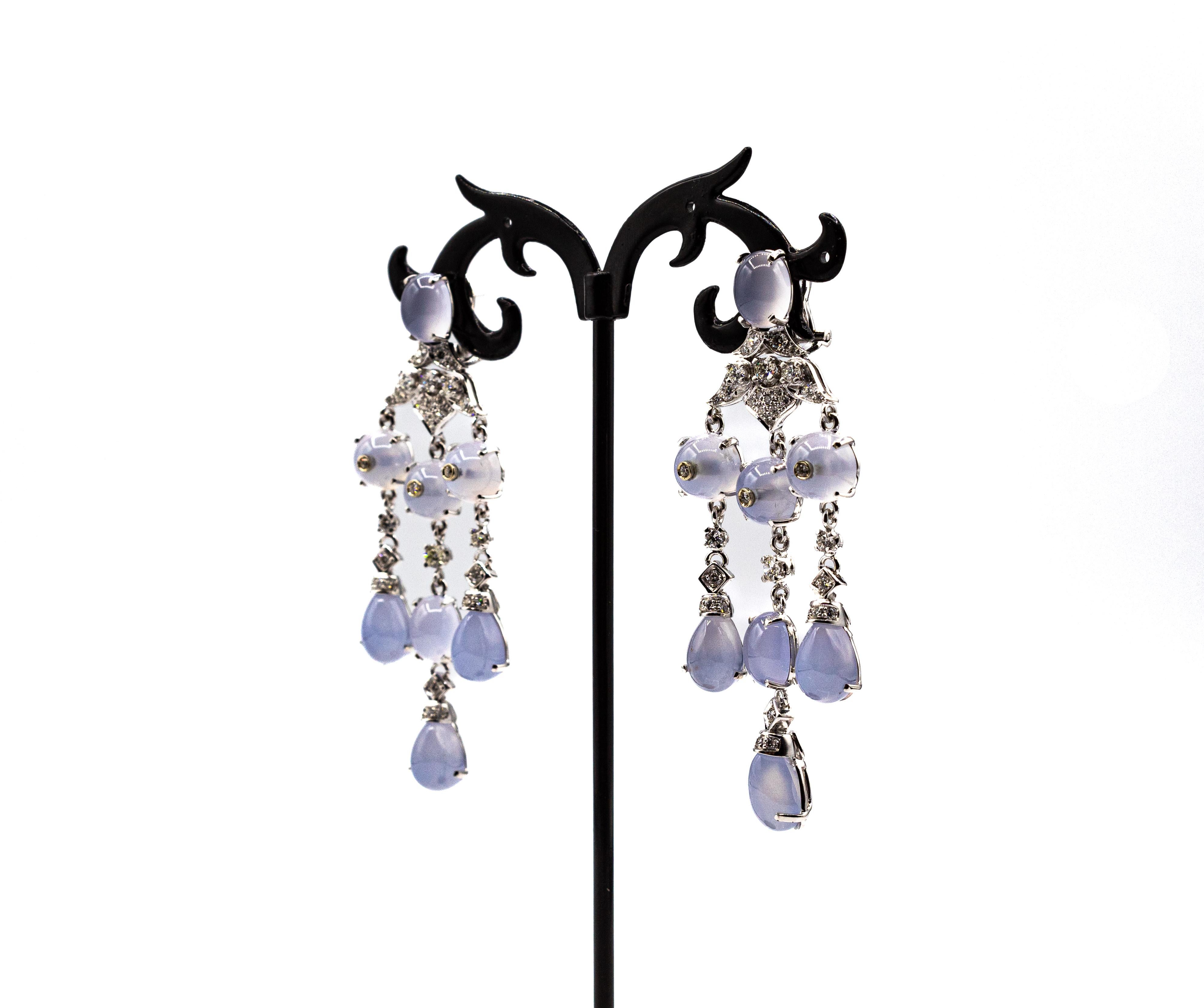 Art Deco Style Handcrafted White Diamond Chalcedony White Gold Clip-On Earrings For Sale 2