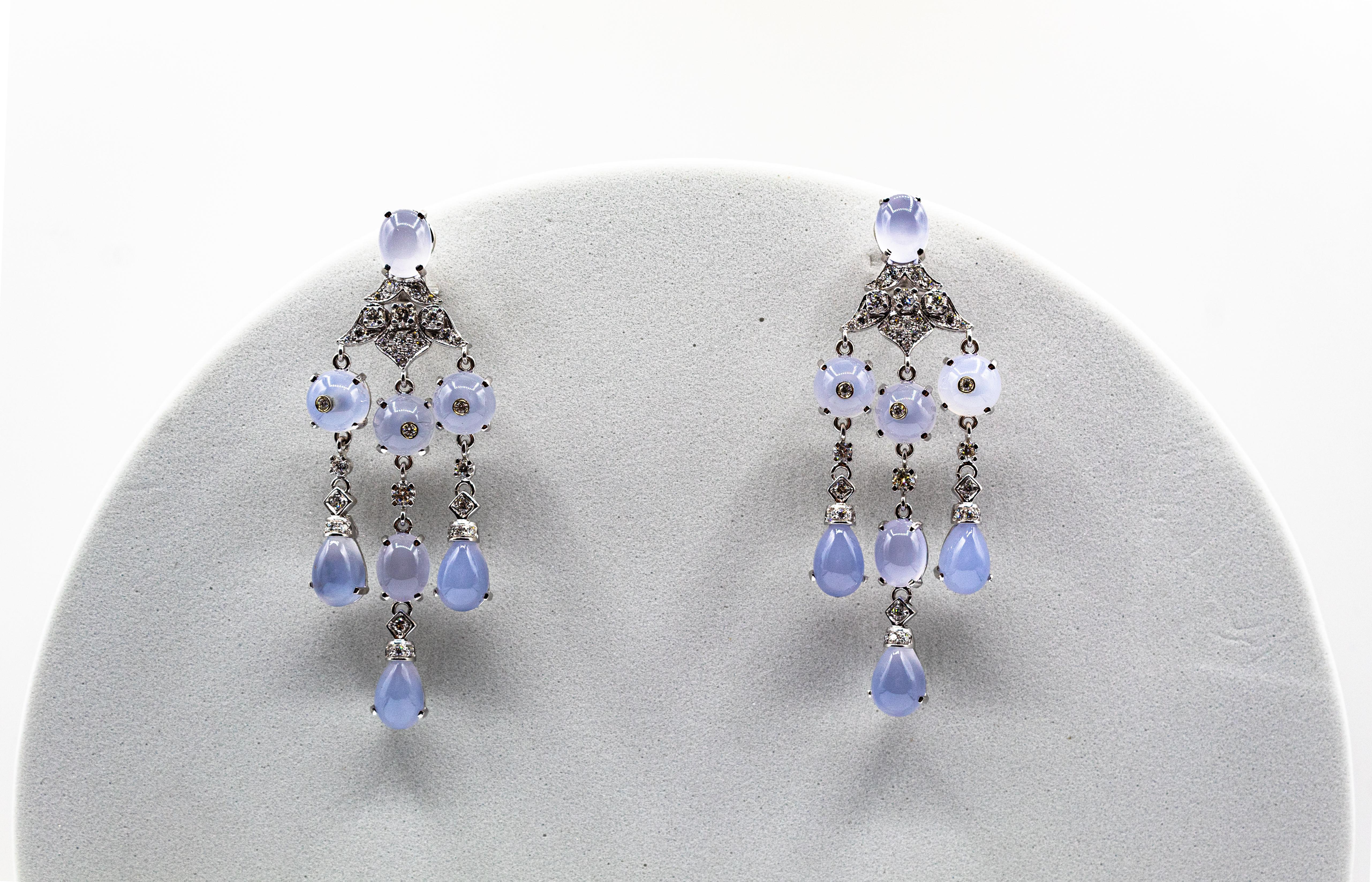 Art Deco Style Handcrafted White Diamond Chalcedony White Gold Clip-On Earrings For Sale 3