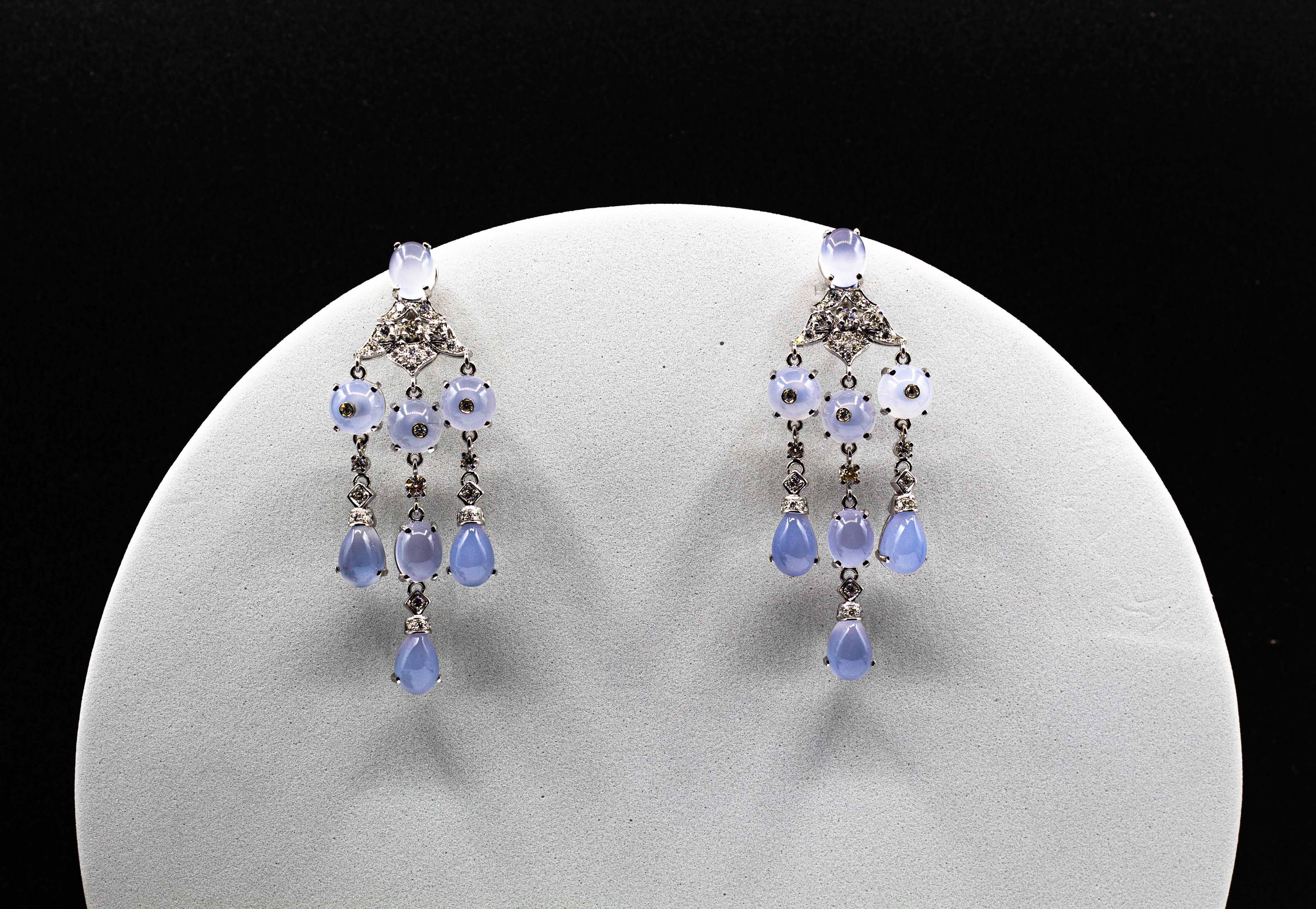 Art Deco Style Handcrafted White Diamond Chalcedony White Gold Clip-On Earrings For Sale 4