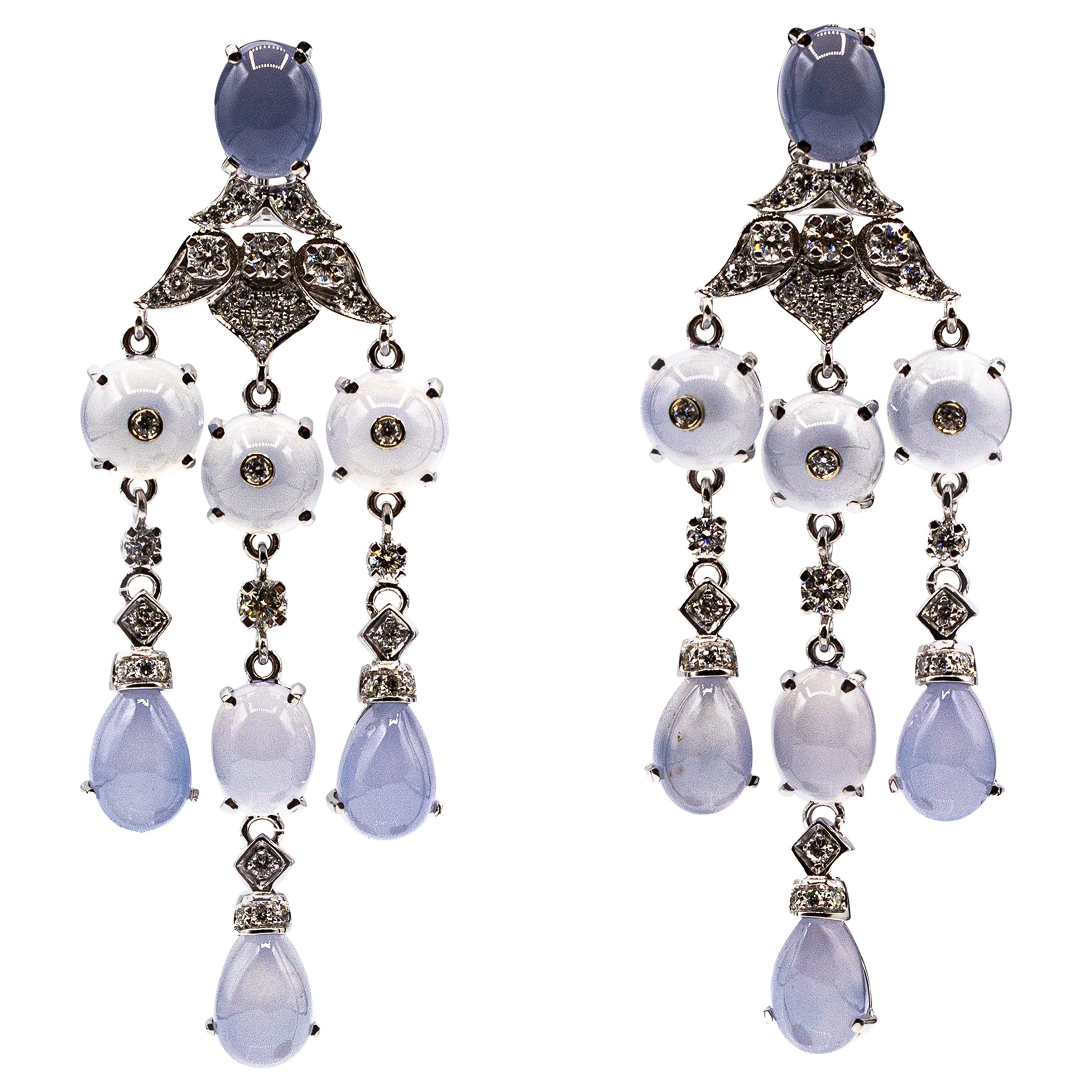 Art Deco Style Handcrafted White Diamond Chalcedony White Gold Clip-On Earrings