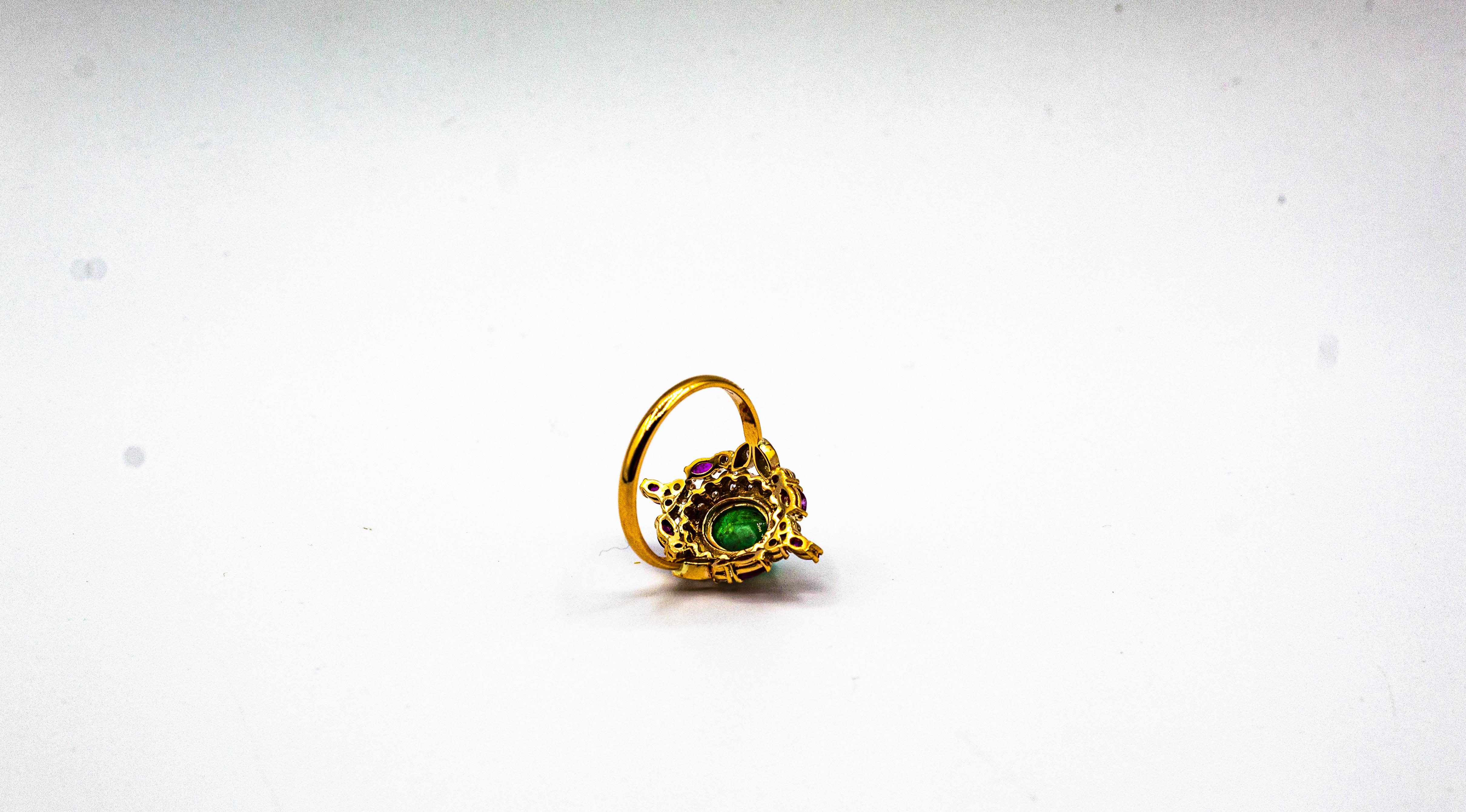 Art Deco Style Handcrafted White Diamond Emerald Ruby Yellow Gold Cocktail Ring For Sale 5