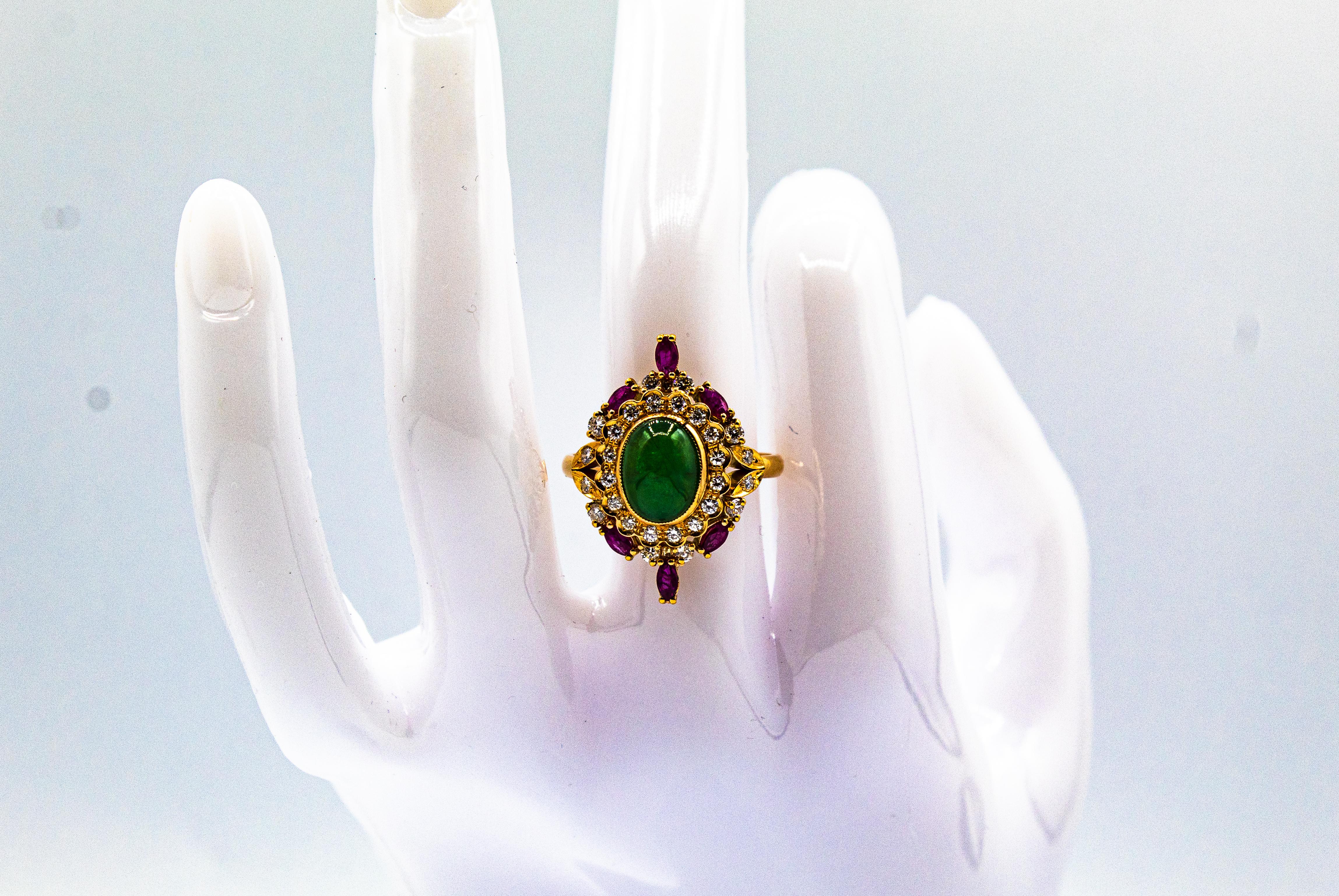 Art Deco Style Handcrafted White Diamond Emerald Ruby Yellow Gold Cocktail Ring For Sale 6