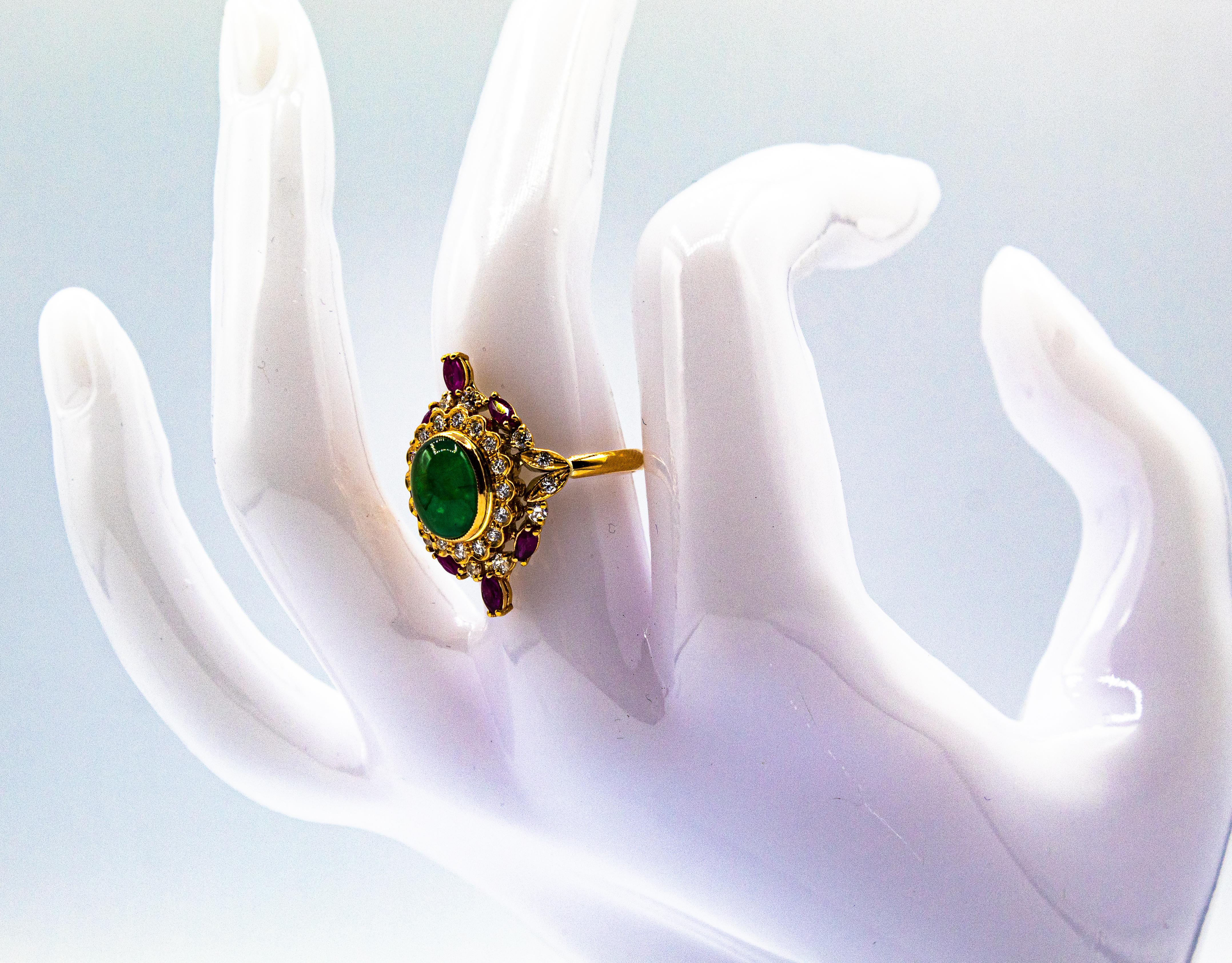 Art Deco Style Handcrafted White Diamond Emerald Ruby Yellow Gold Cocktail Ring For Sale 8