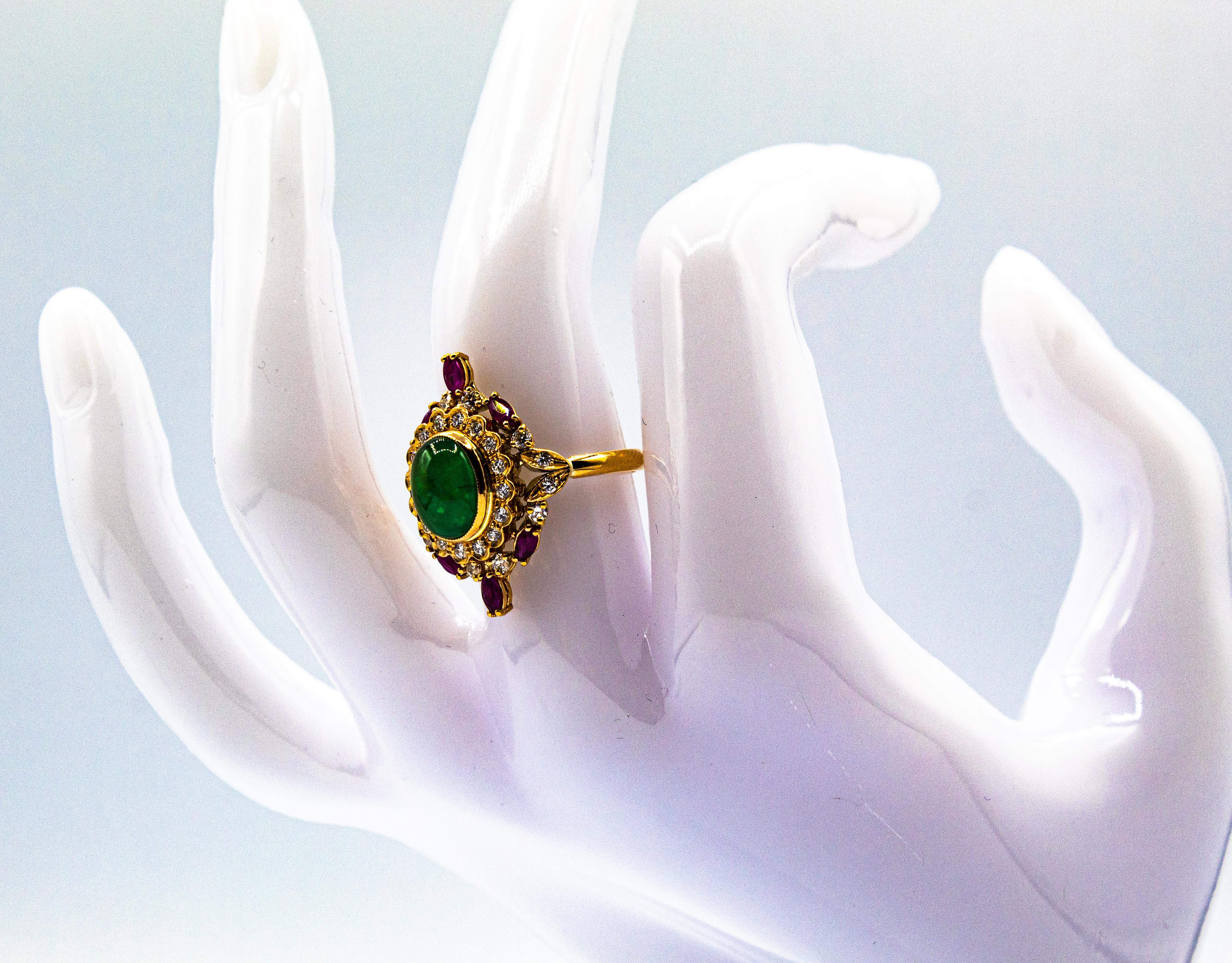 Bague de cocktail en or jaune, diamant blanc, émeraude et rubis, de style art déco, réalisée à la main en vente 7