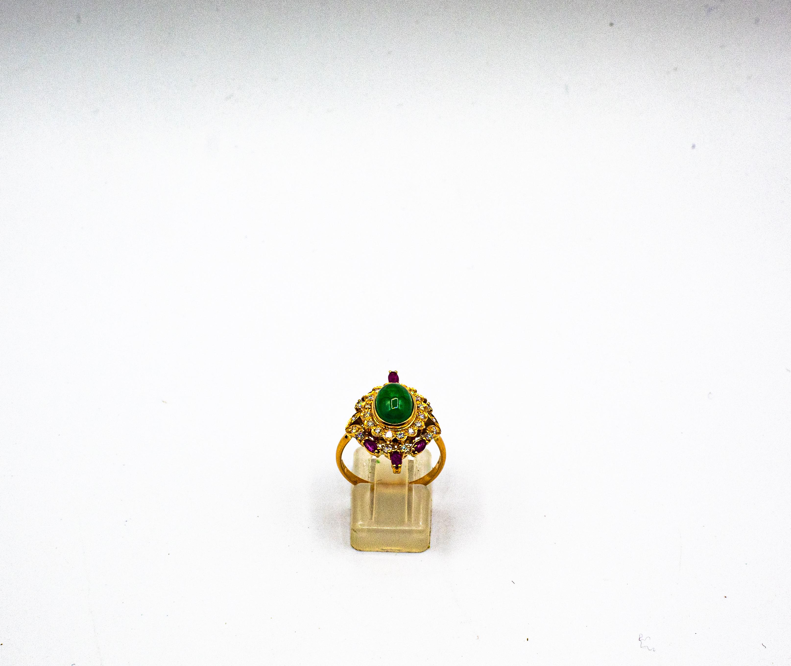 Cabochon Art Deco Style Handcrafted White Diamond Emerald Ruby Yellow Gold Cocktail Ring For Sale