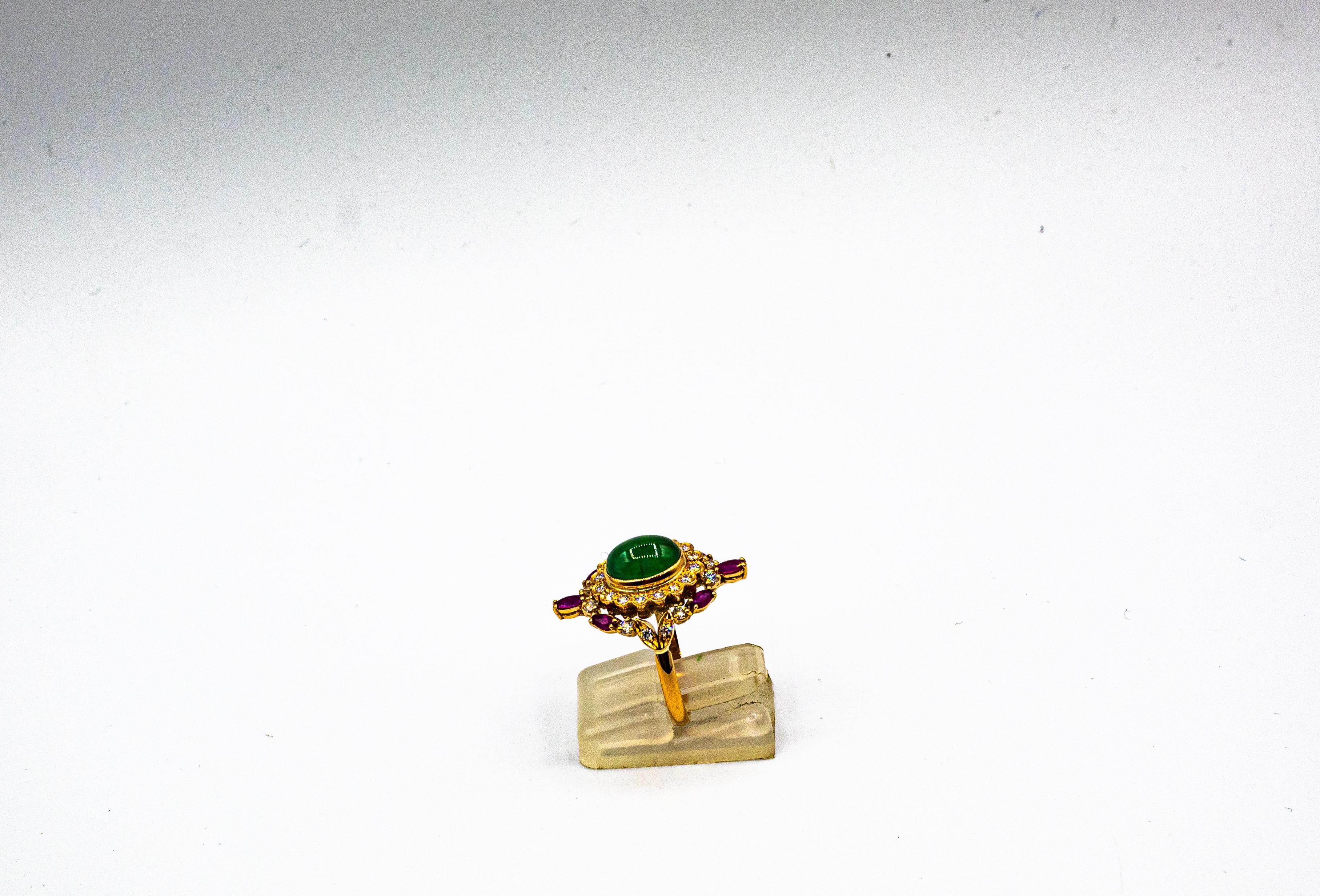 Women's or Men's Art Deco Style Handcrafted White Diamond Emerald Ruby Yellow Gold Cocktail Ring For Sale