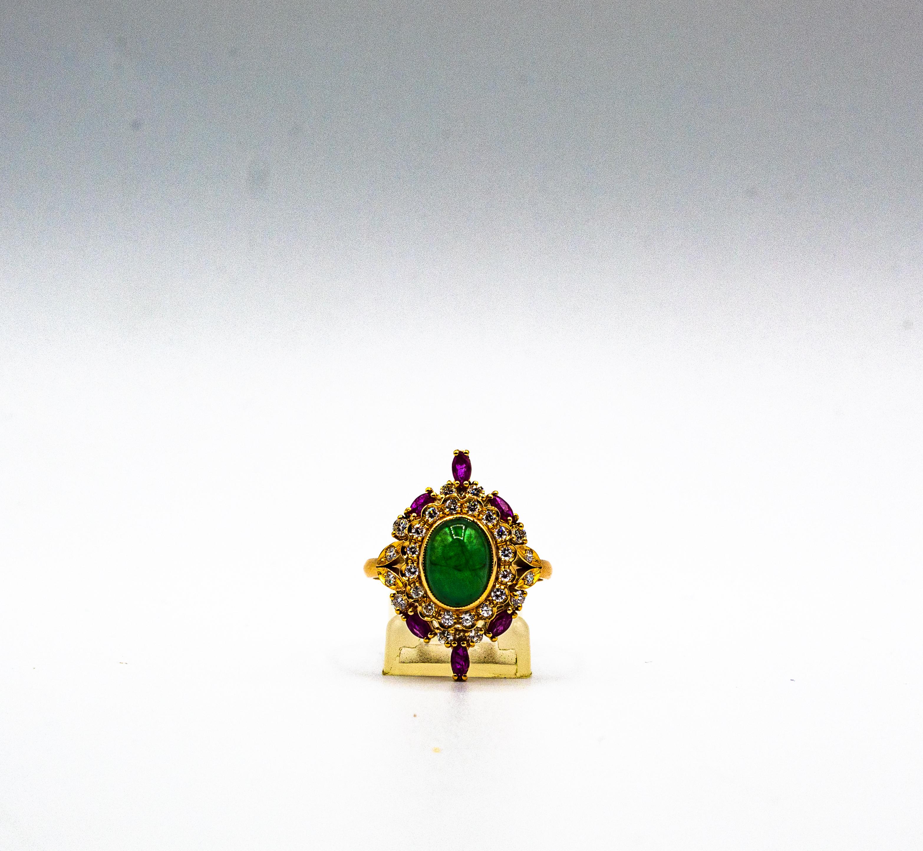 Art Deco Style Handcrafted White Diamond Emerald Ruby Yellow Gold Cocktail Ring For Sale 2